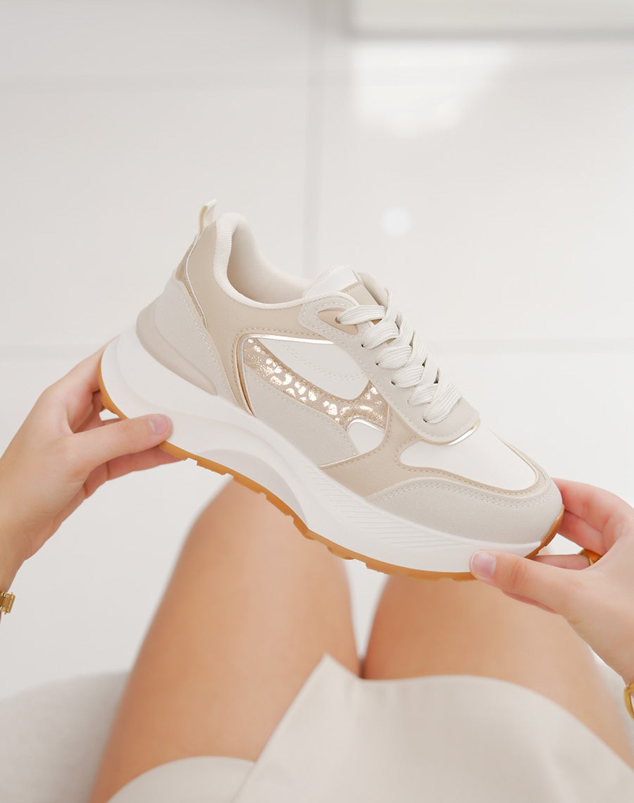 Basket femme blanche épaisse élégante avec empiècement beige et léopard brillant
