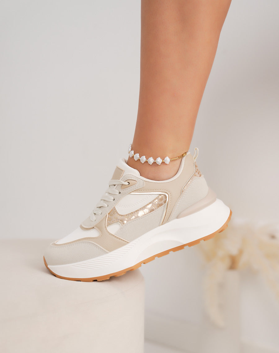 Basket femme blanche épaisse élégante avec empiècement beige et léopard brillant