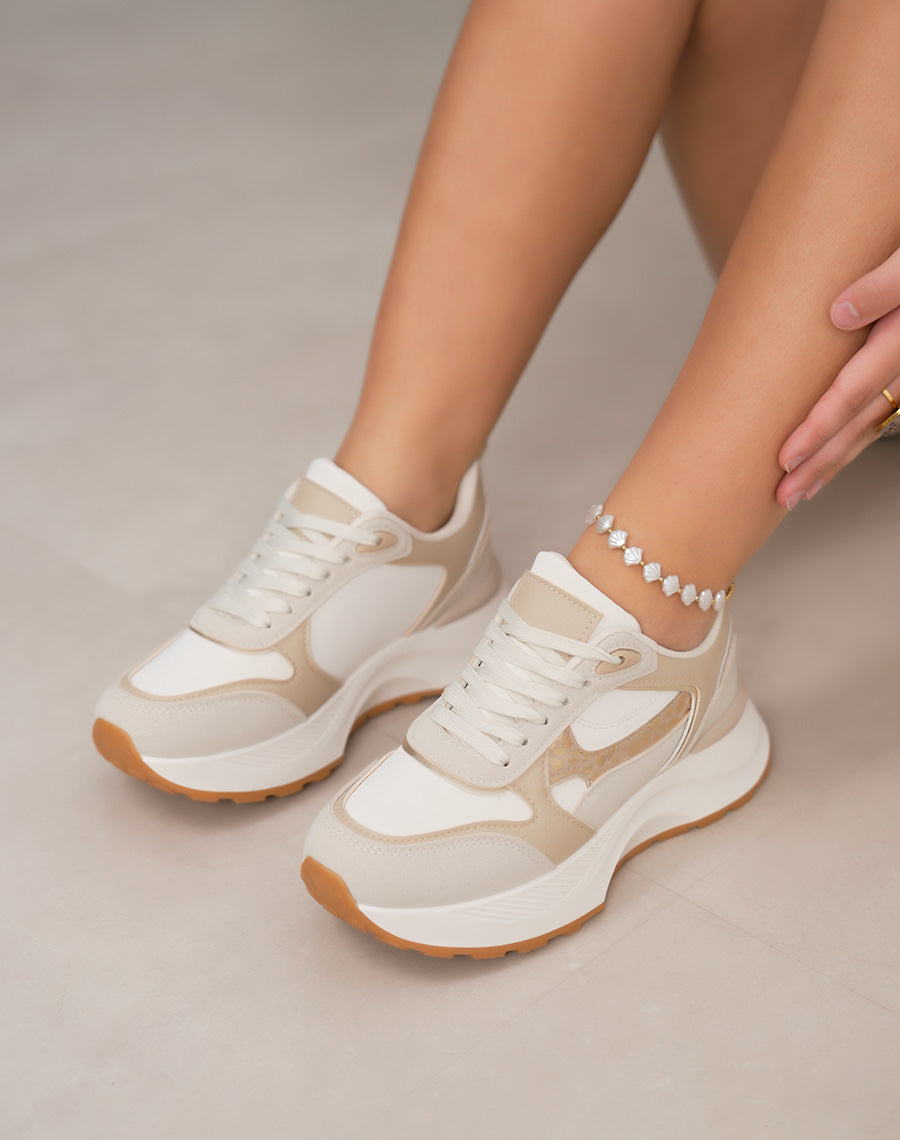 Basket femme blanche épaisse élégante avec empiècement beige et léopard brillant