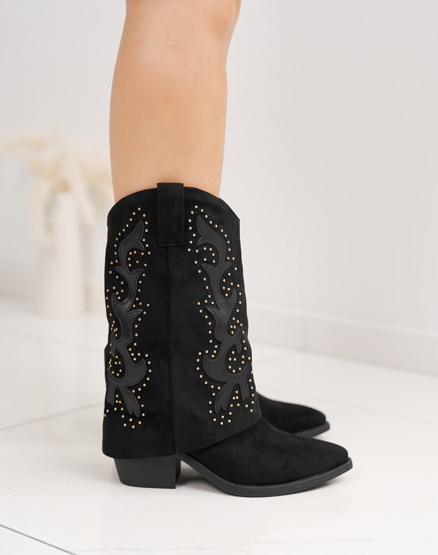 Bottines femme noires style santiags en suédine avec détails dorés et cuir