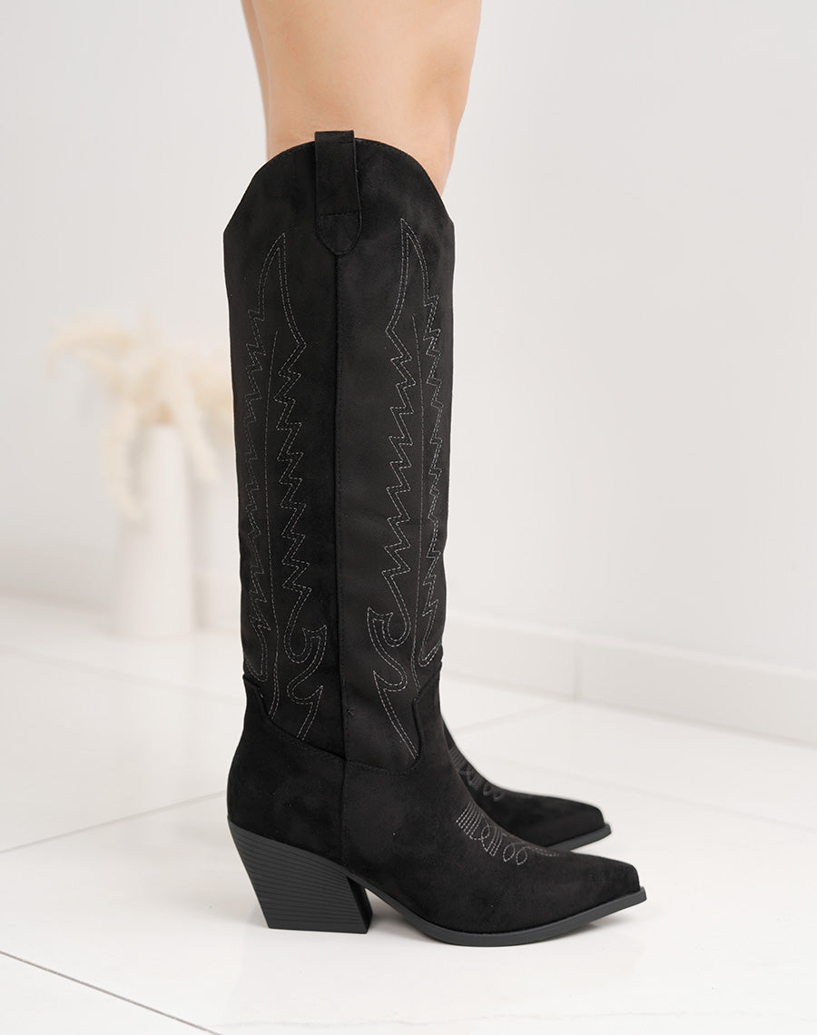 Bottes santiags femme noires en suédine avec broderies et talon de 7cm