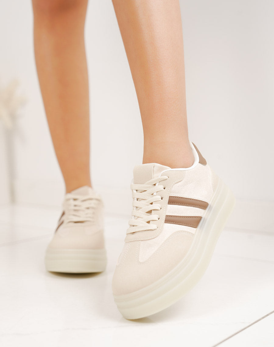 Basket femme beige tendance à double plateforme avec rayures marron