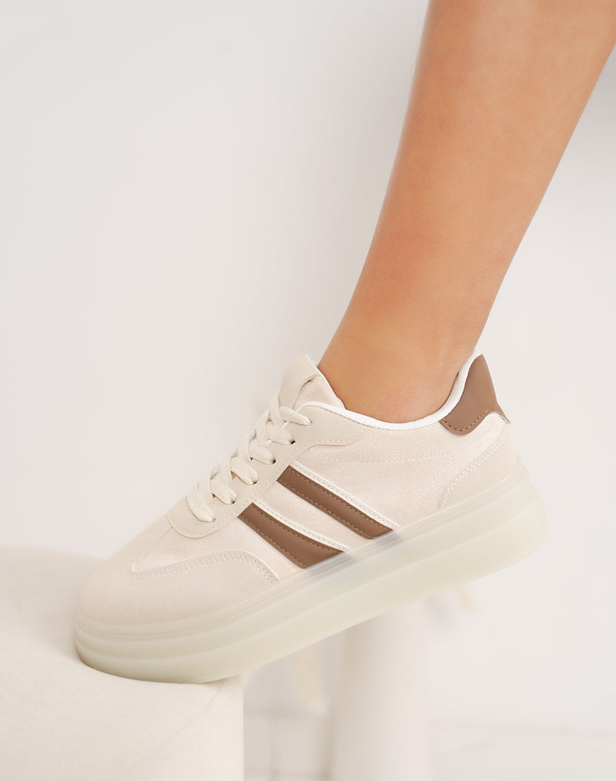 Basket femme beige tendance à double plateforme avec rayures marron