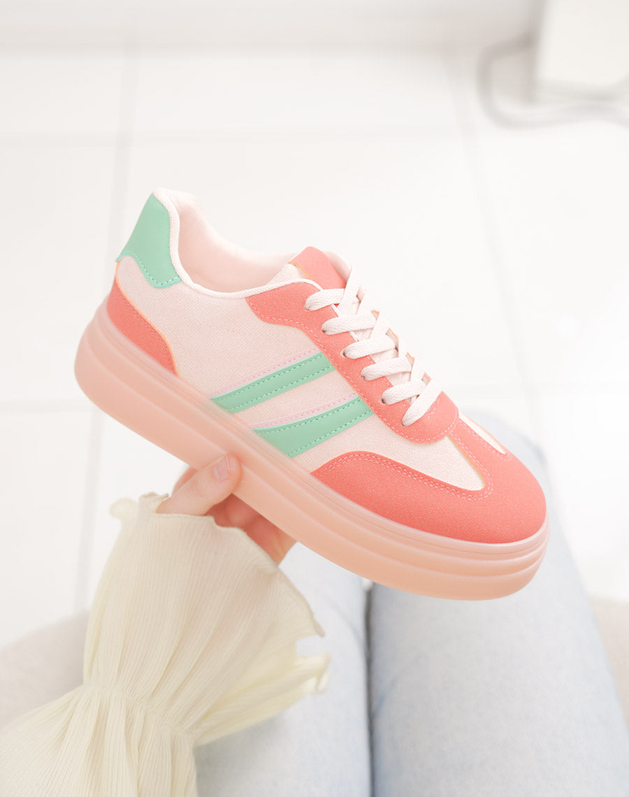 Basket femme rose tendance à double plateforme avec rayures vertes