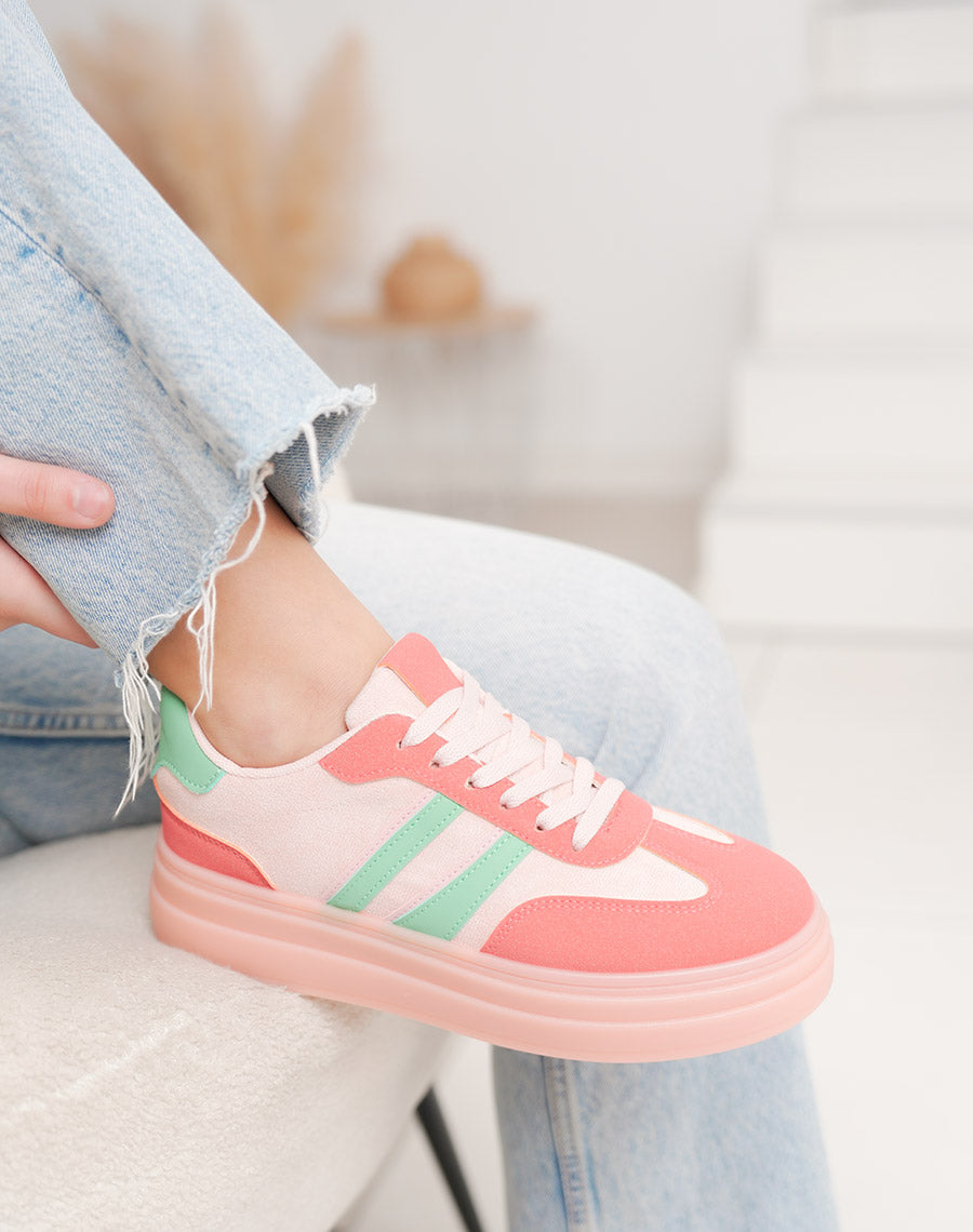 Basket femme rose tendance à double plateforme avec rayures vertes