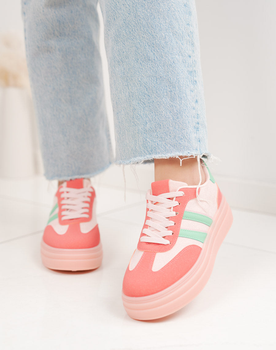 Basket femme rose tendance à double plateforme avec rayures vertes