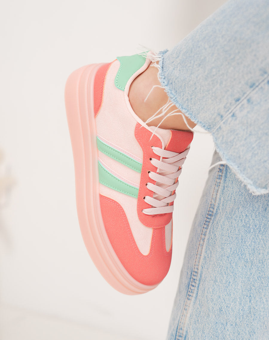 Basket femme rose tendance à double plateforme avec rayures vertes