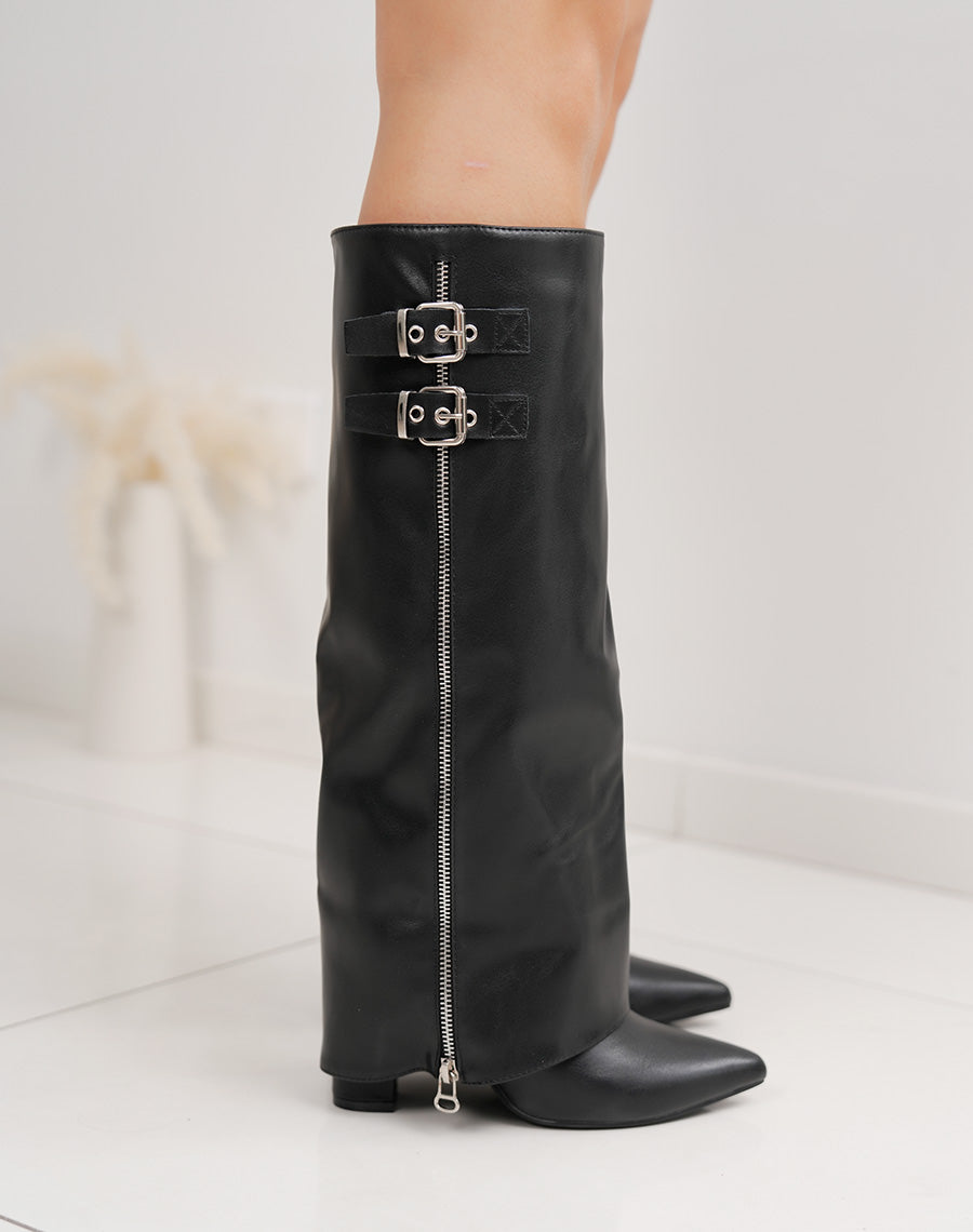 Bottes femme noires à talon 10cm élégantes avec zip argenté et boucles stylées