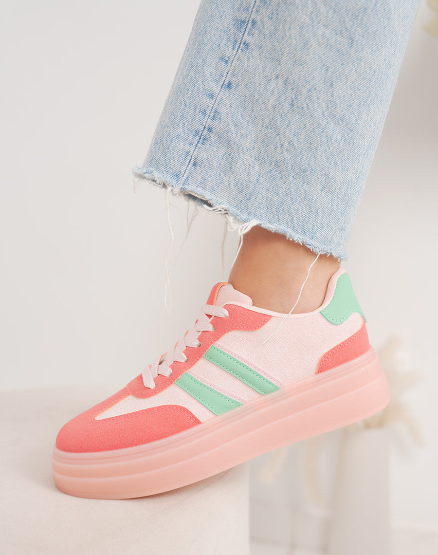 Basket femme rose tendance à double plateforme avec rayures vertes