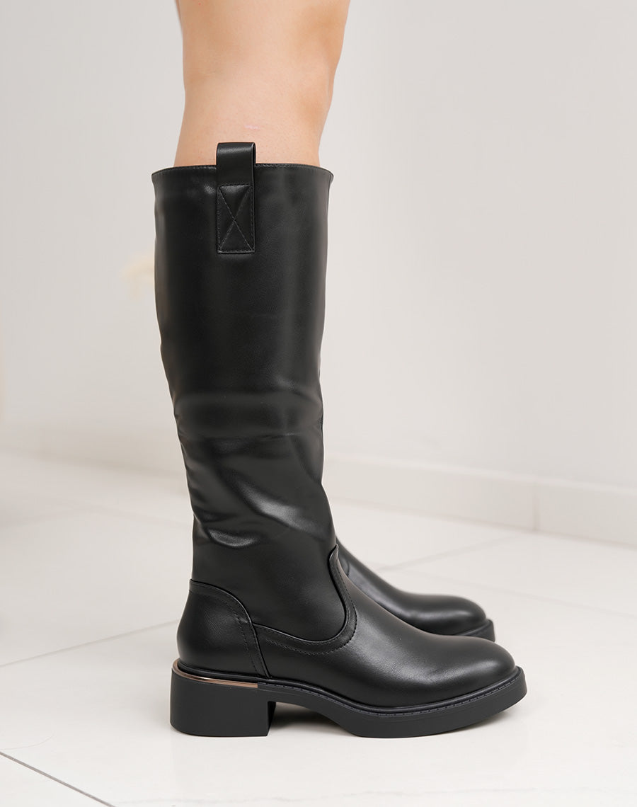 Bottes cavalières femme noires classiques avec détail doré et talon confortable