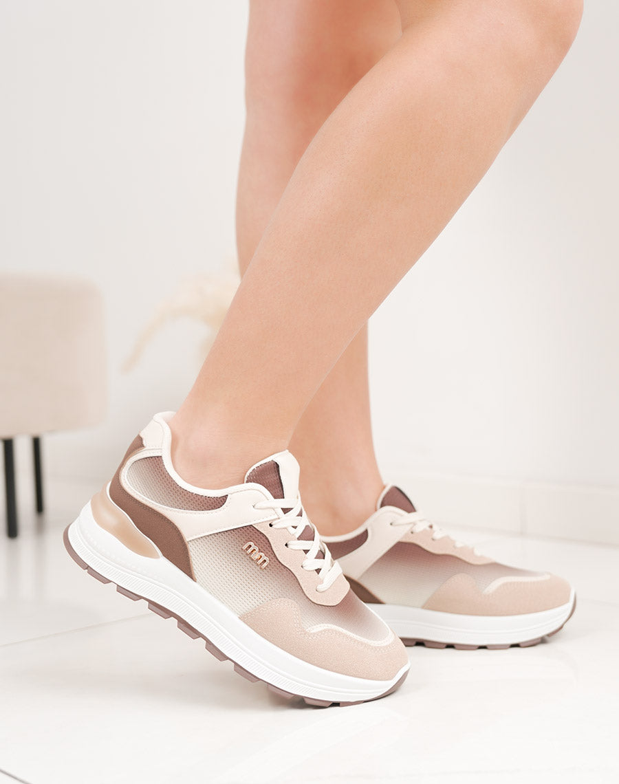 Baskets femme beige à empiècements marron et blancs avec détail bijou