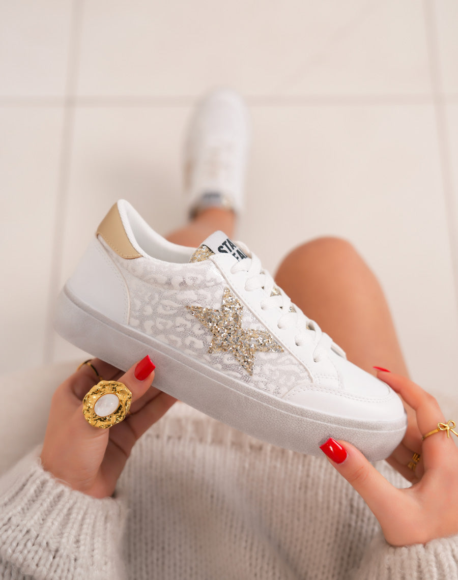 Elegant white women's sneakers with glitter stars and golden details