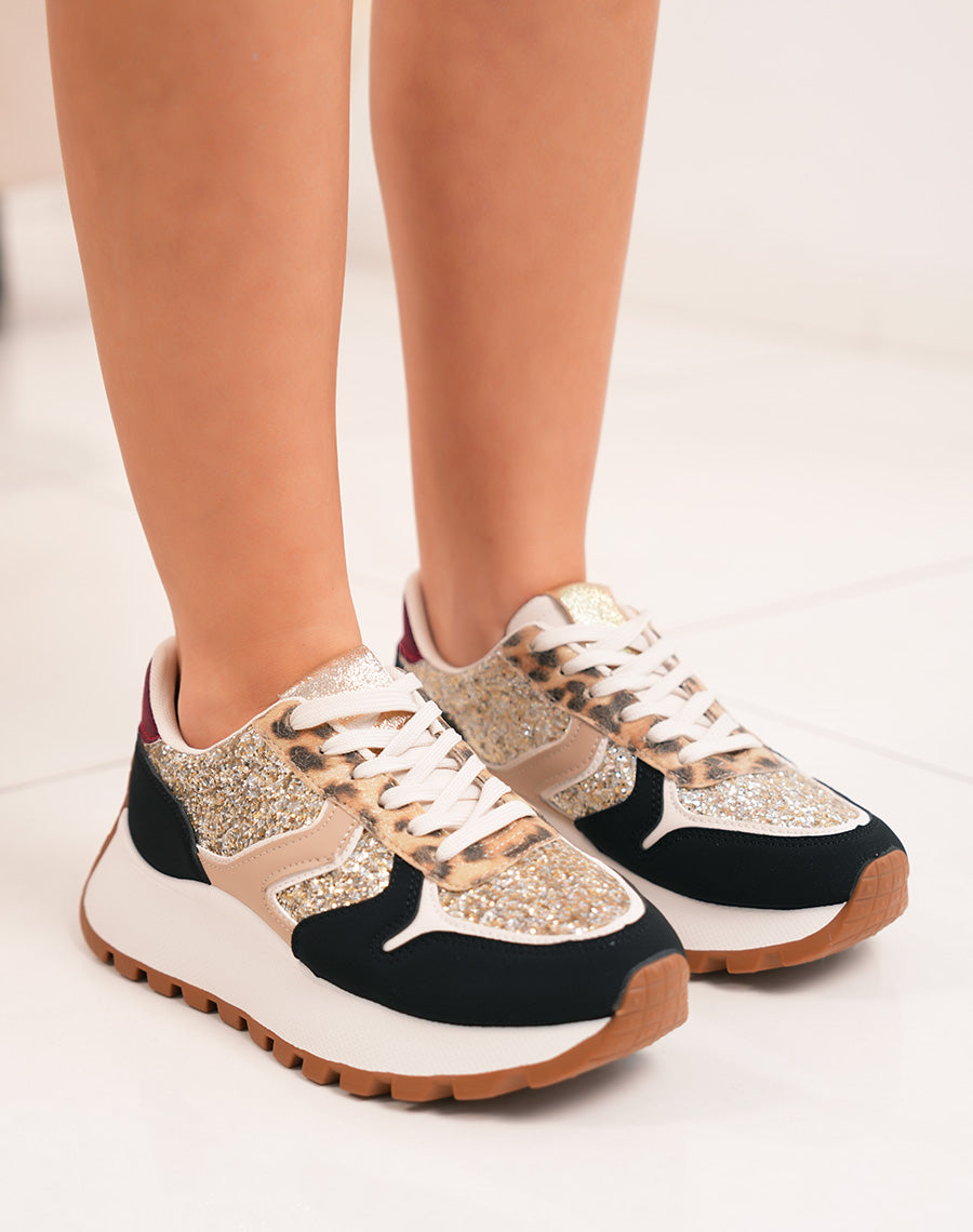 Baskets femme noires tendance avec paillettes dorées et semelle crantée