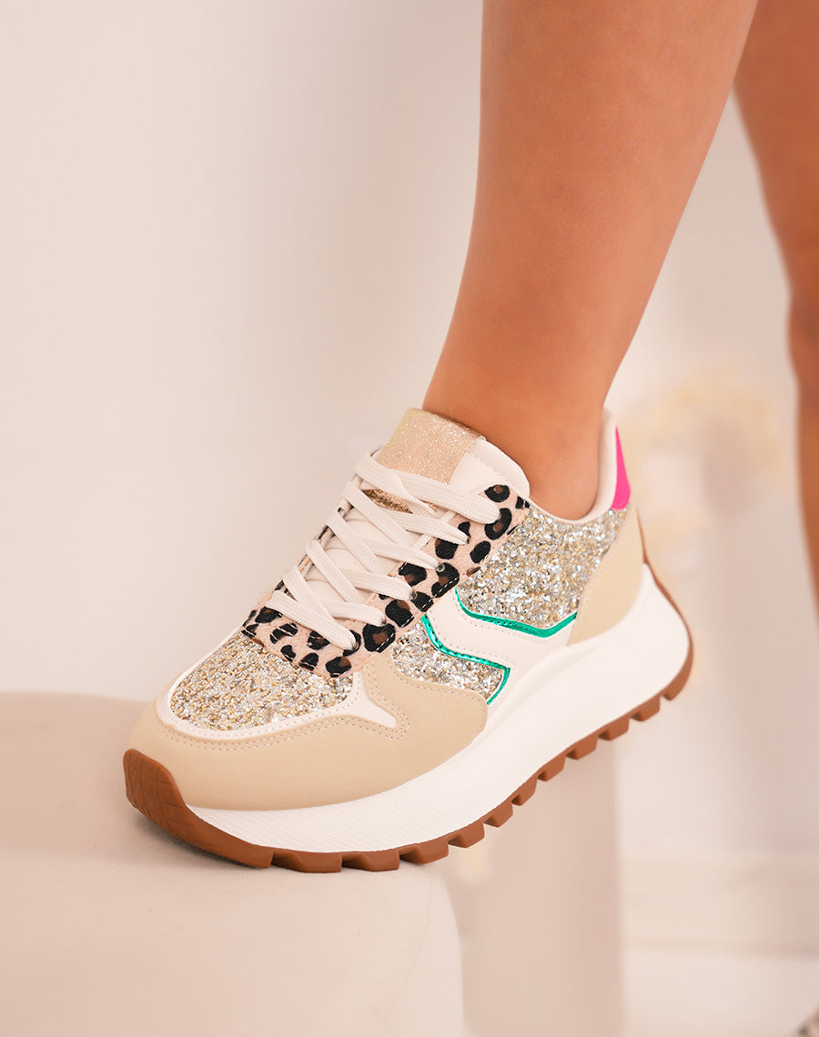 Trendy beige woman sneakers with golden glitter and leopard details
