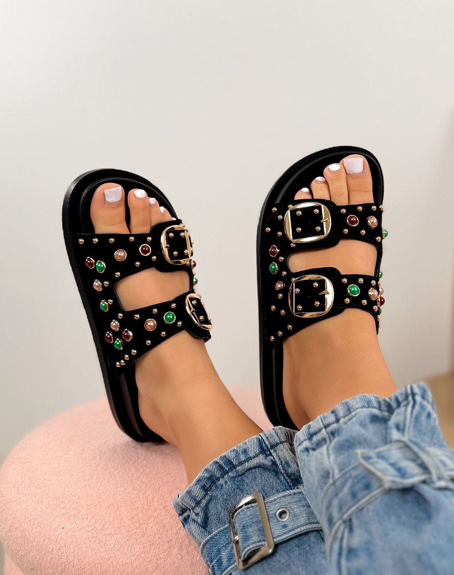 Mules femme noires élégantes à double boucle ornée de perles colorées