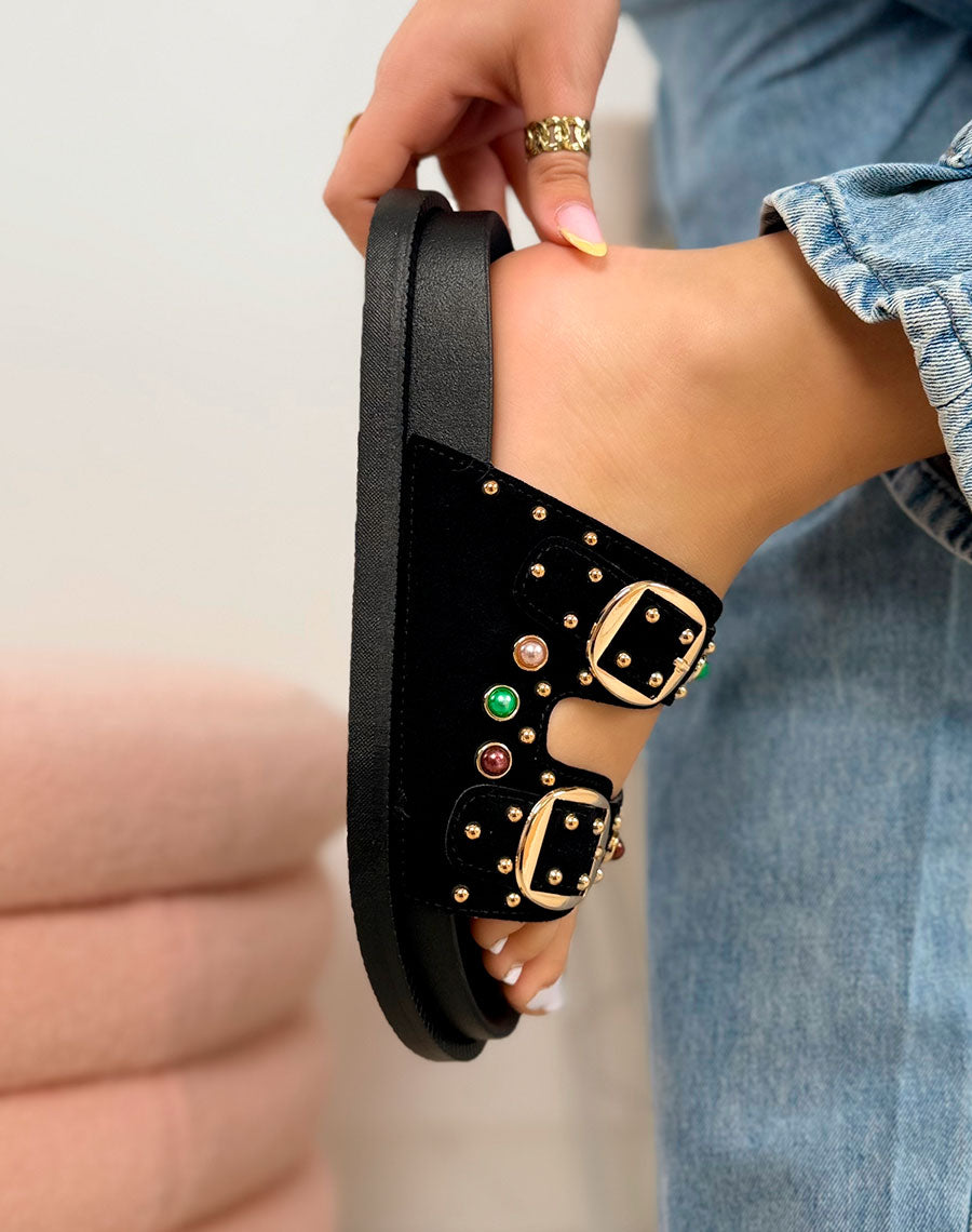 Mules femme noires élégantes à double boucle ornée de perles colorées