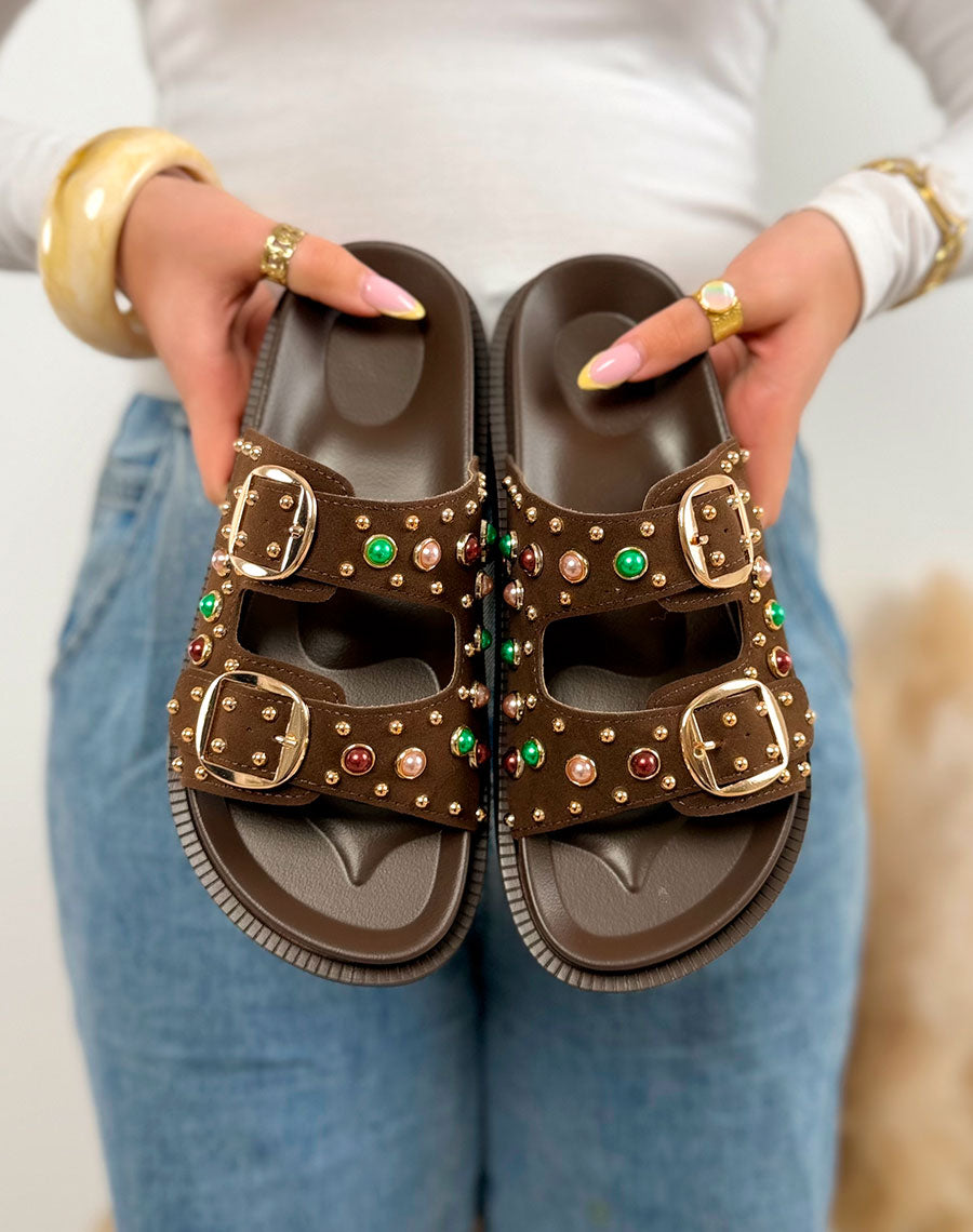 Mules femme marron tendance à double boucle avec perles colorées