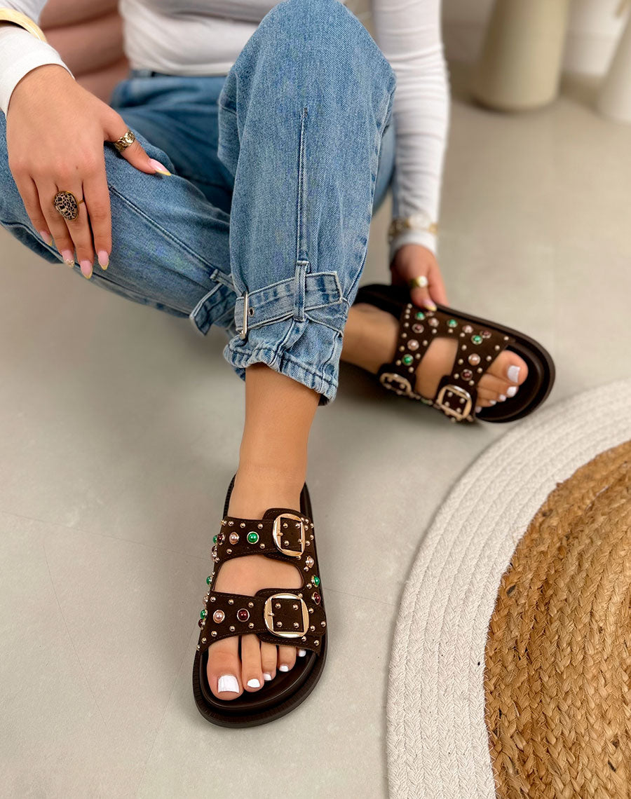 Mules femme marron tendance à double boucle avec perles colorées