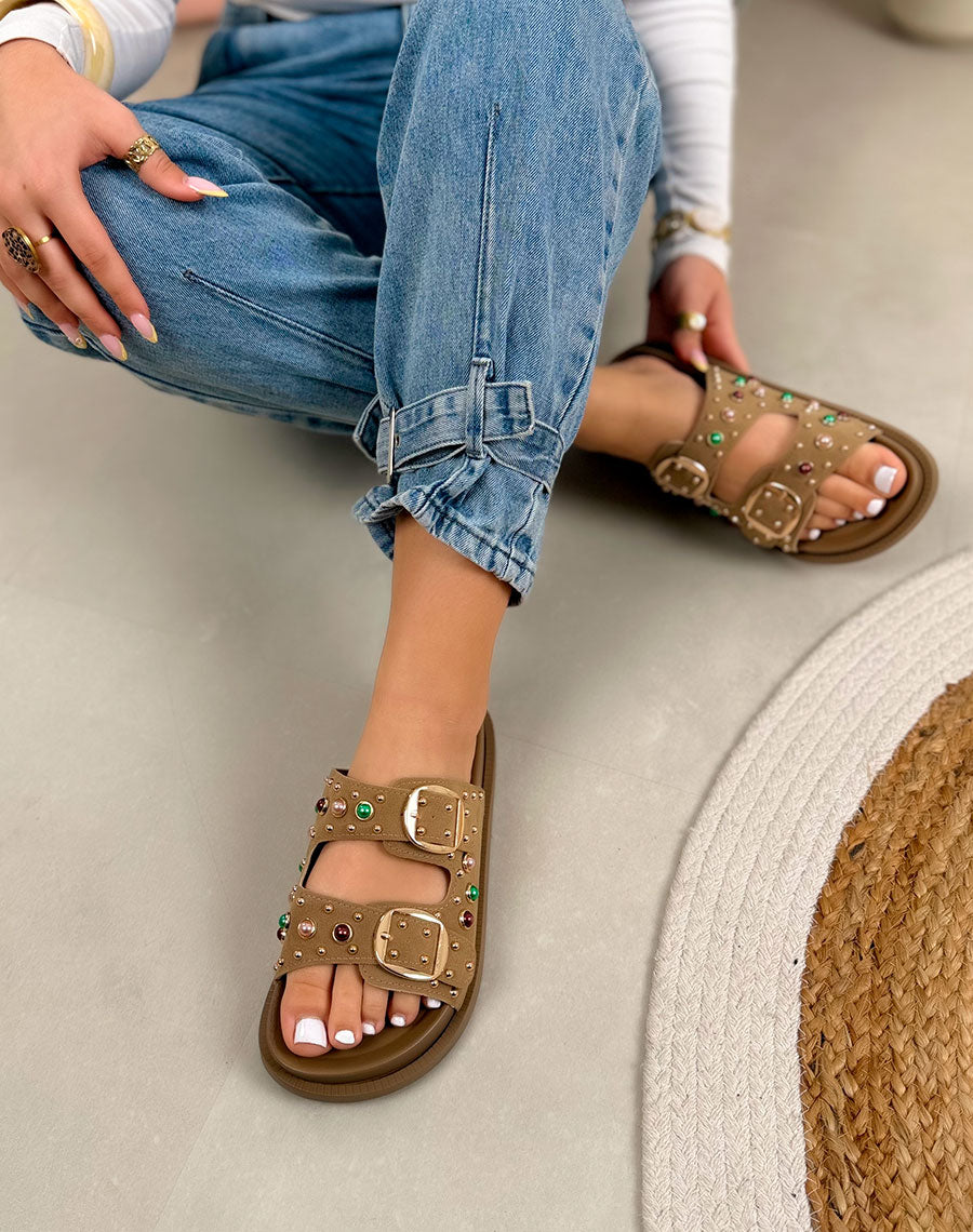 Mules femme beige foncé élégante à double boucle avec perles colorées