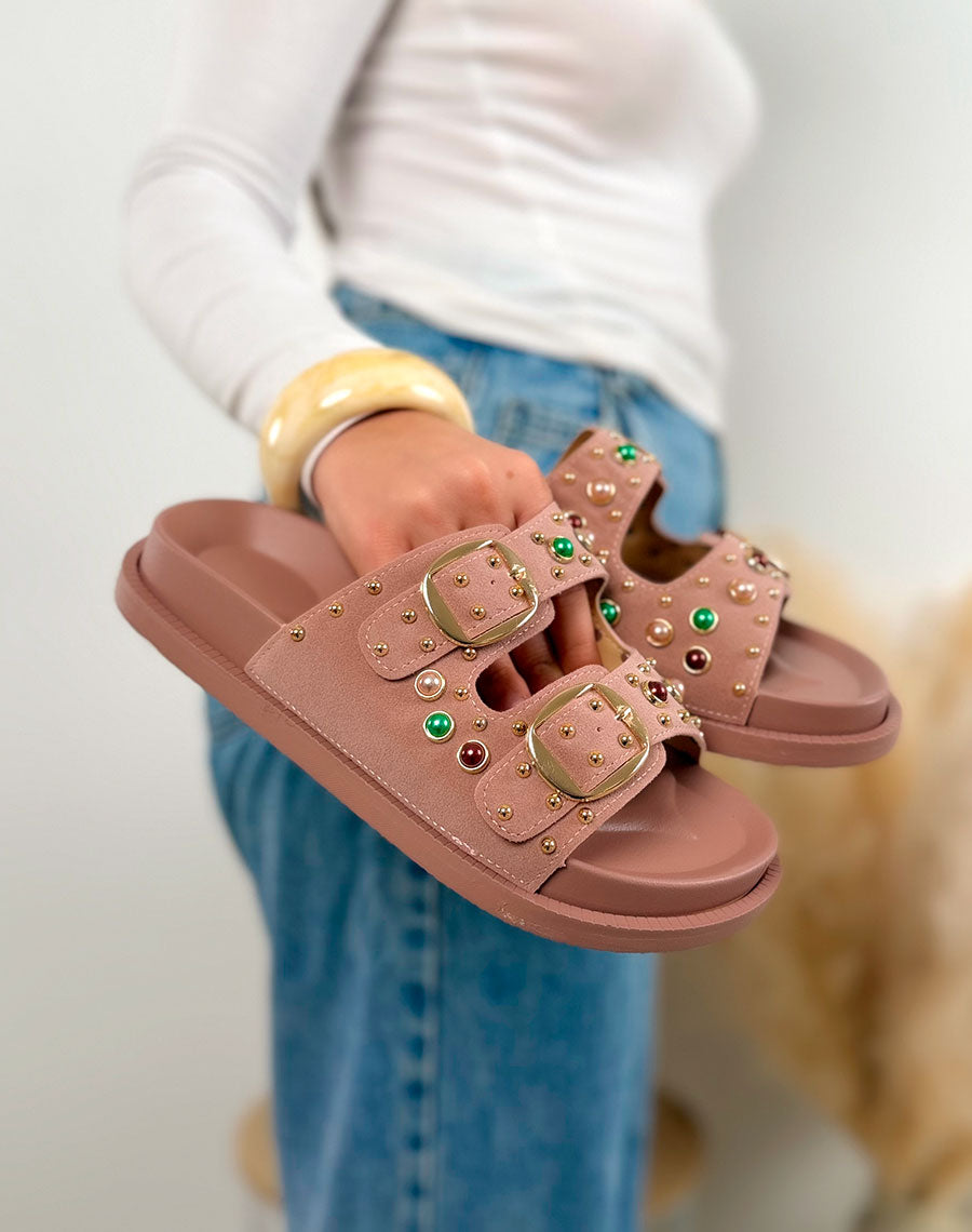 Mules femme rose poudré élégante à double boucle avec perles colorées