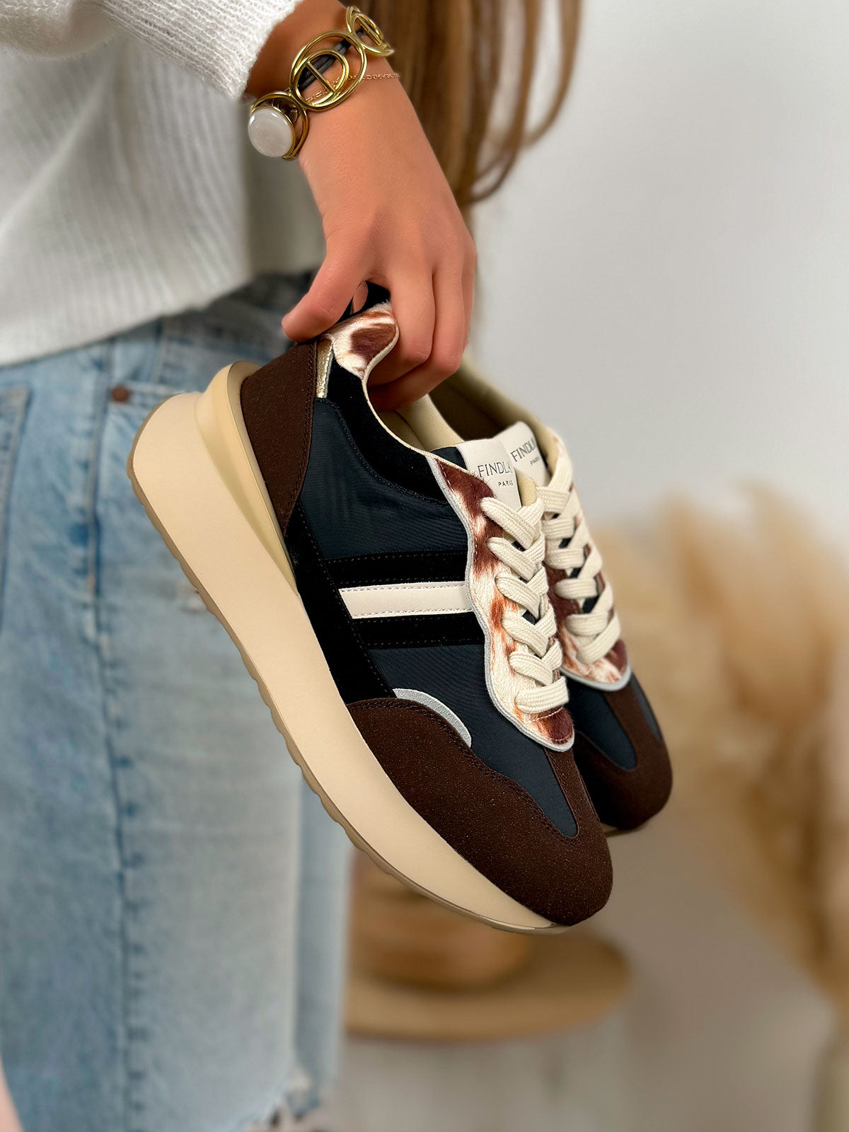 Basket femme multicolore tendance avec empiècements animal et semelle épaisse beige
