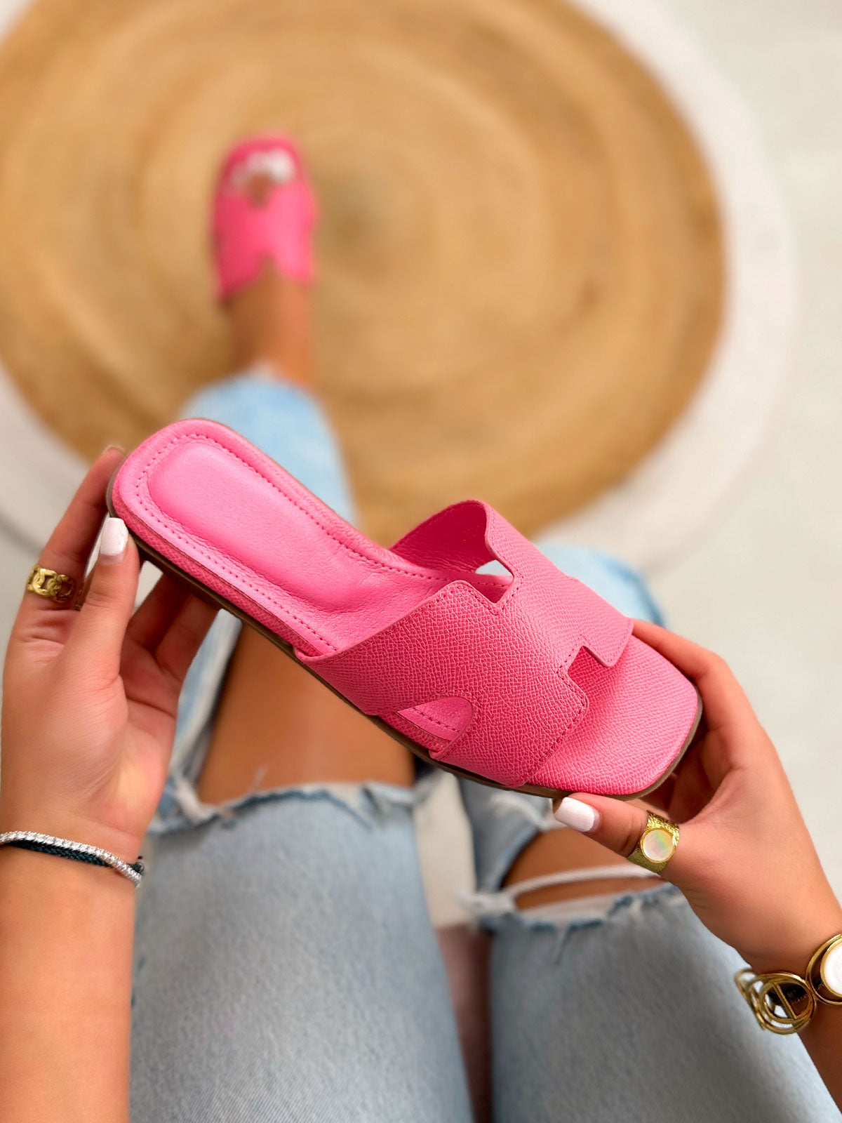 Mule femme rose fuchsia tendance plate à brides en H moderne