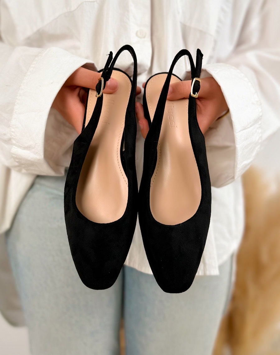 Escarpins plats femme noirs élégants en suédine à bride ajustable