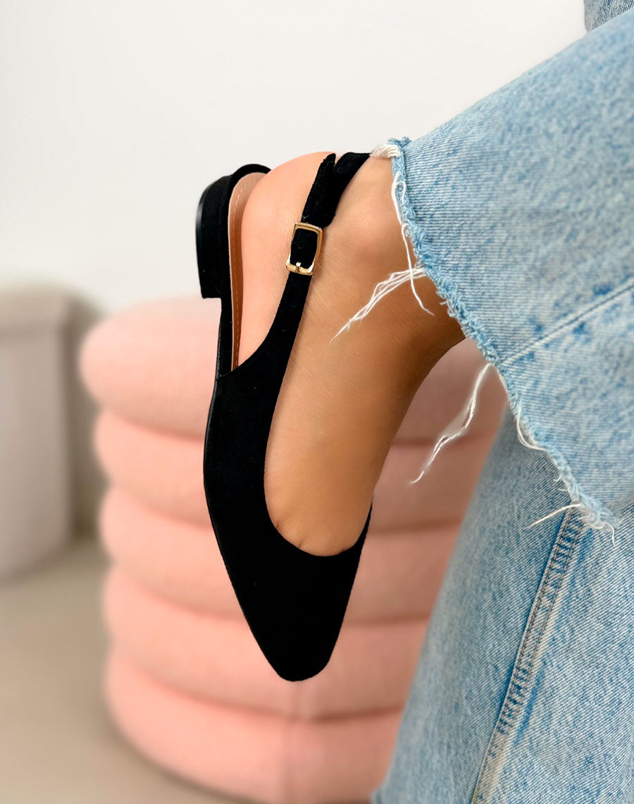 Escarpins plats femme noirs élégants en suédine à bride ajustable