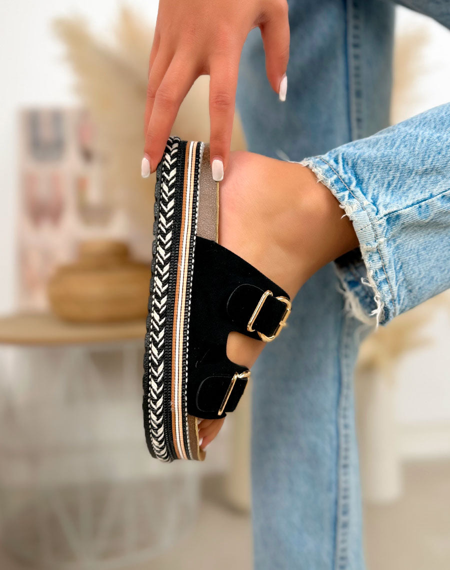 Mules femme noires tendance à plateforme tressée avec doubles boucles dorées
