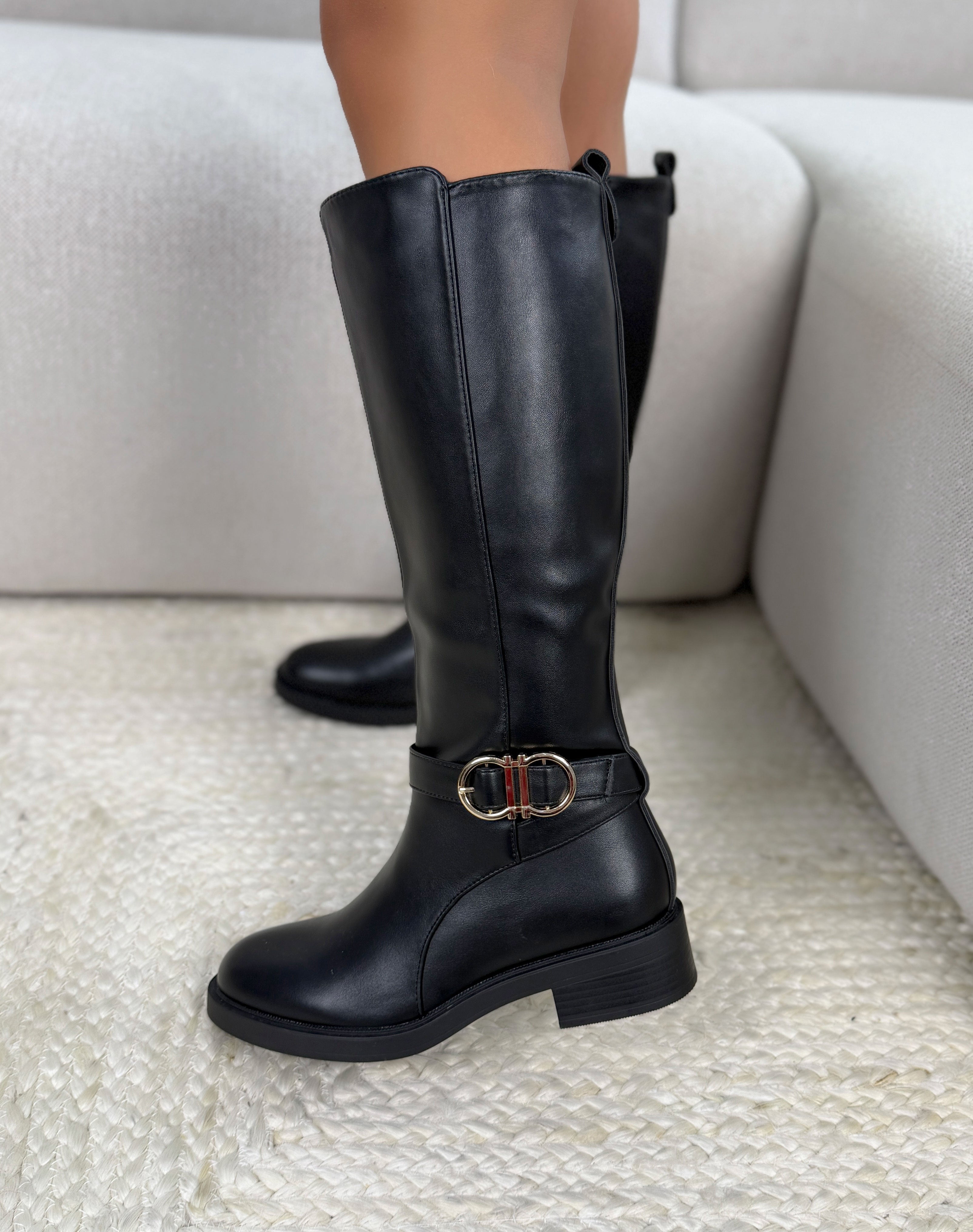 Bottes femme noires élégantes à double boucle dorée et petit talon confortable