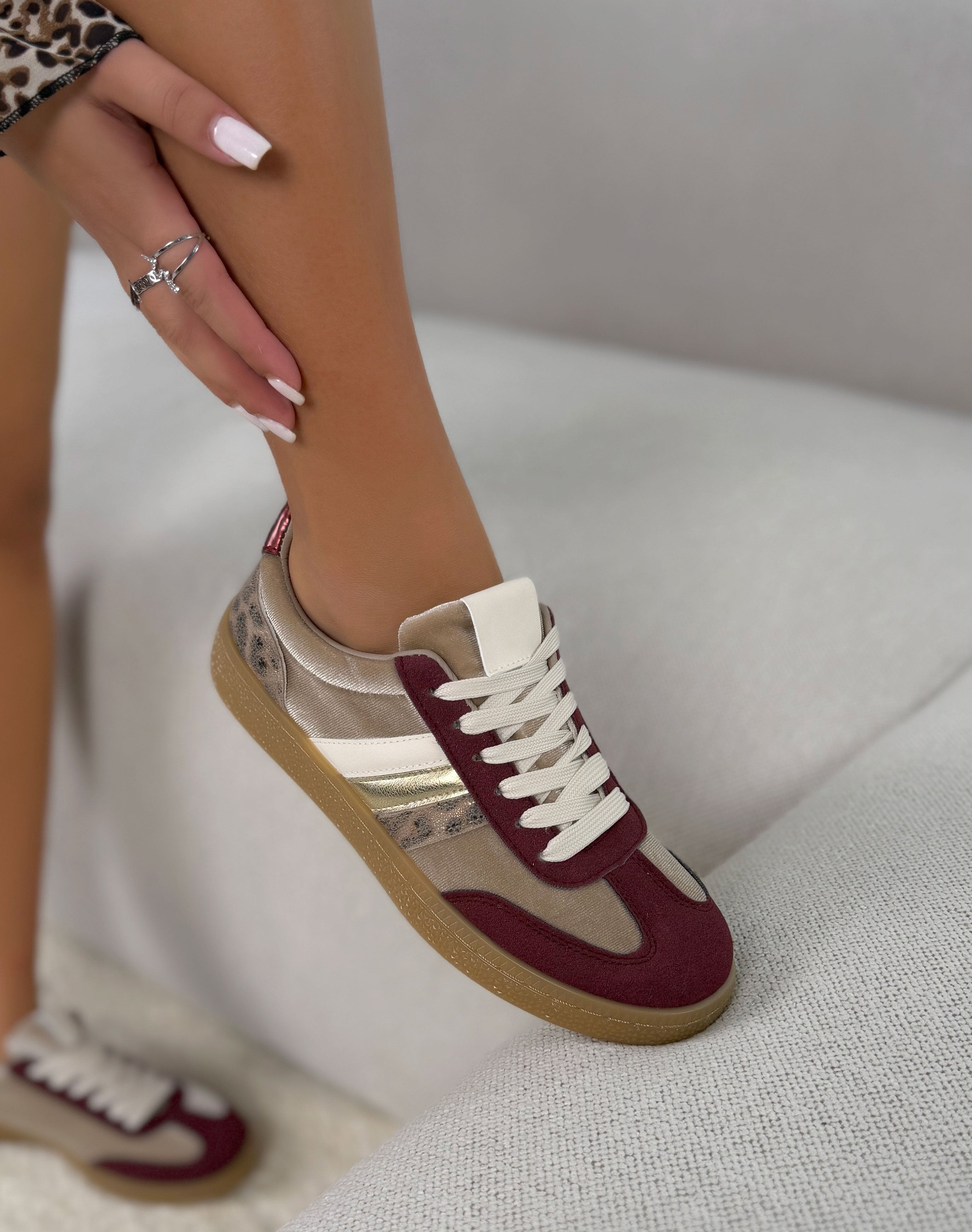 Basket femme bordeaux et beige tendance à bandes dorées effet animal