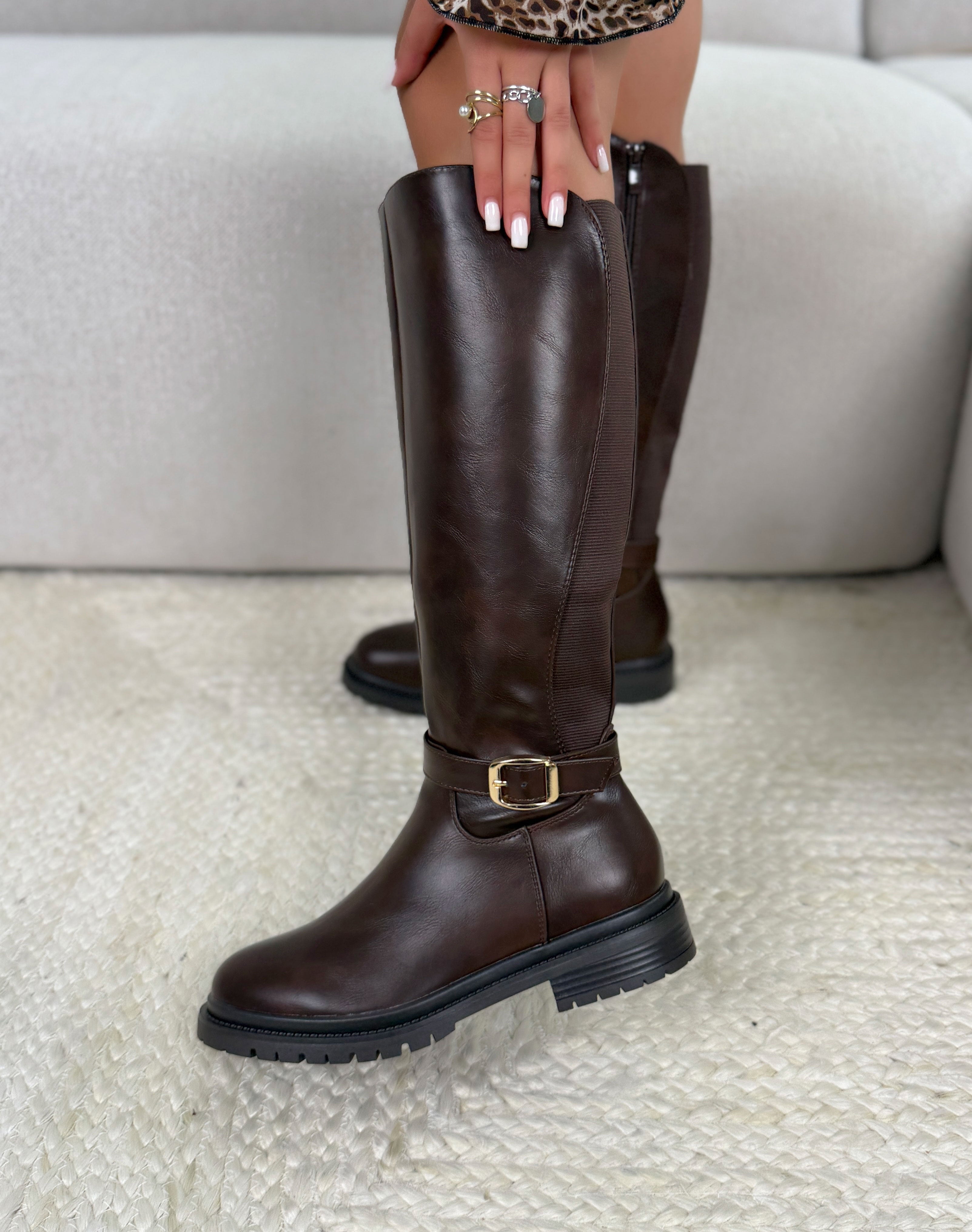 Bottes femme marron tendance à élastique et boucle dorée