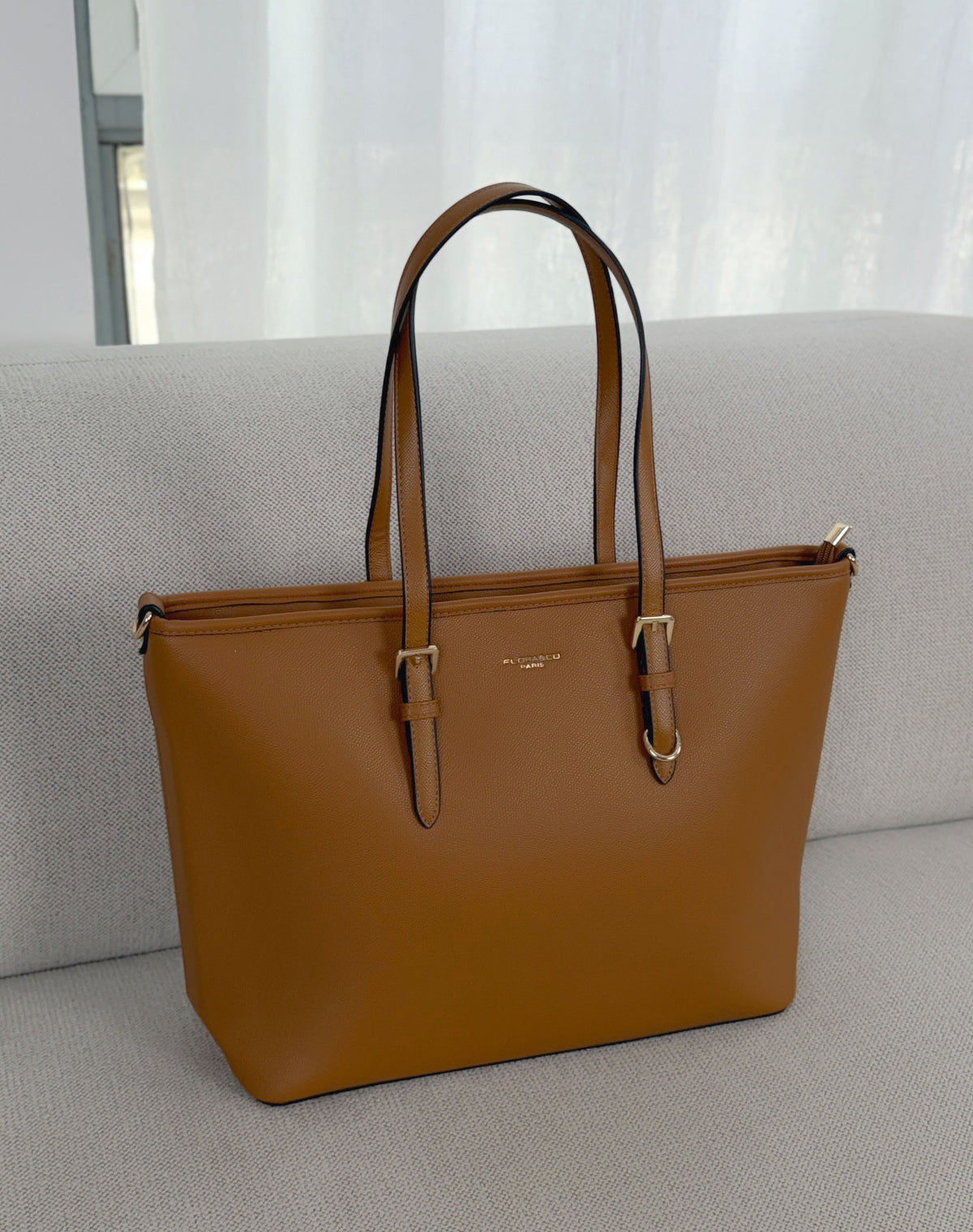 Grand sac cabas femme camel élégant avec compartiment central zippé