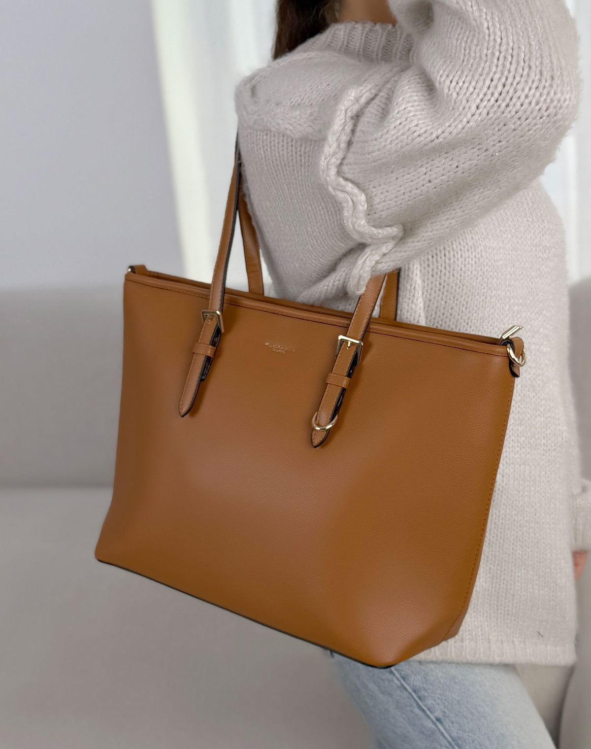 Grand sac cabas femme camel élégant avec compartiment central zippé