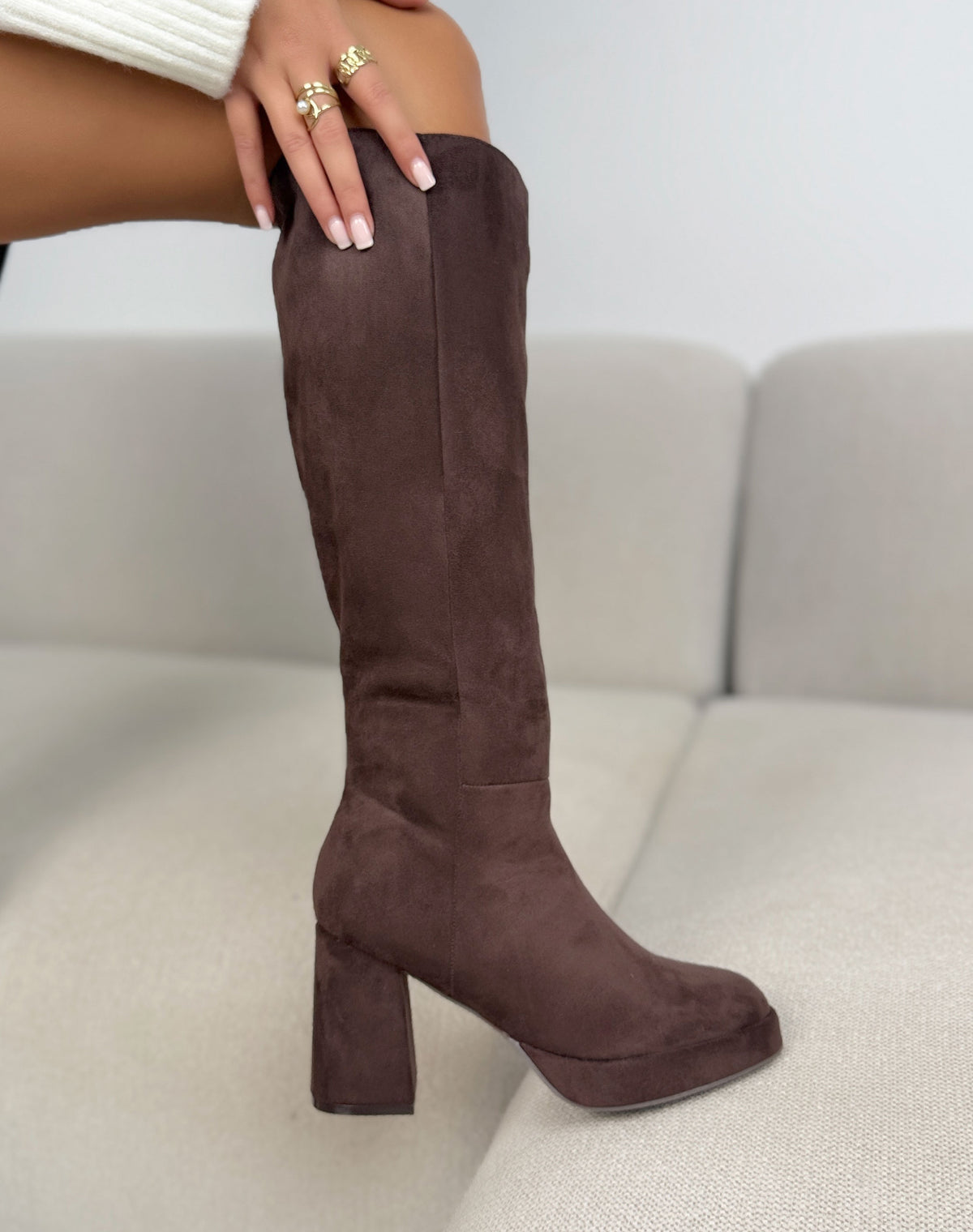 Bottes hautes marron femme effet daim, plateforme et talon épais