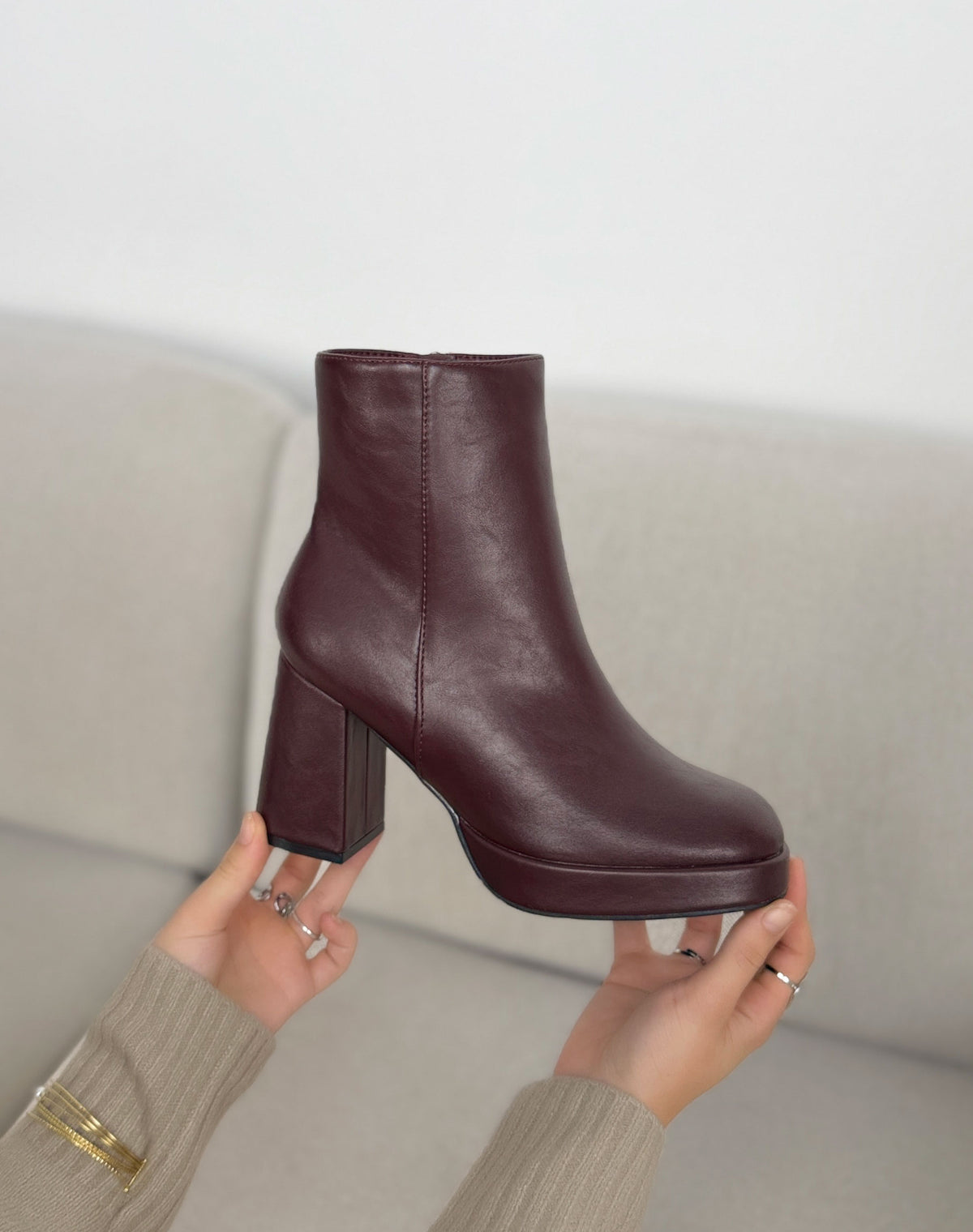 Bottines bordeaux femme effet cuir, plateforme et talon épais