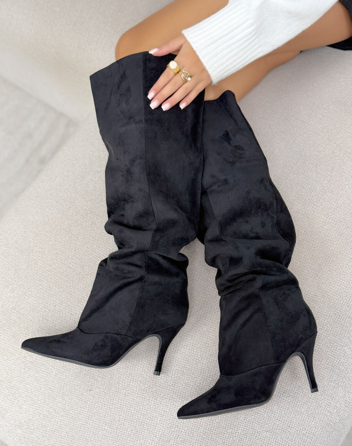 Bottes plissées noires femme effet daim à bout pointu et talon aiguille