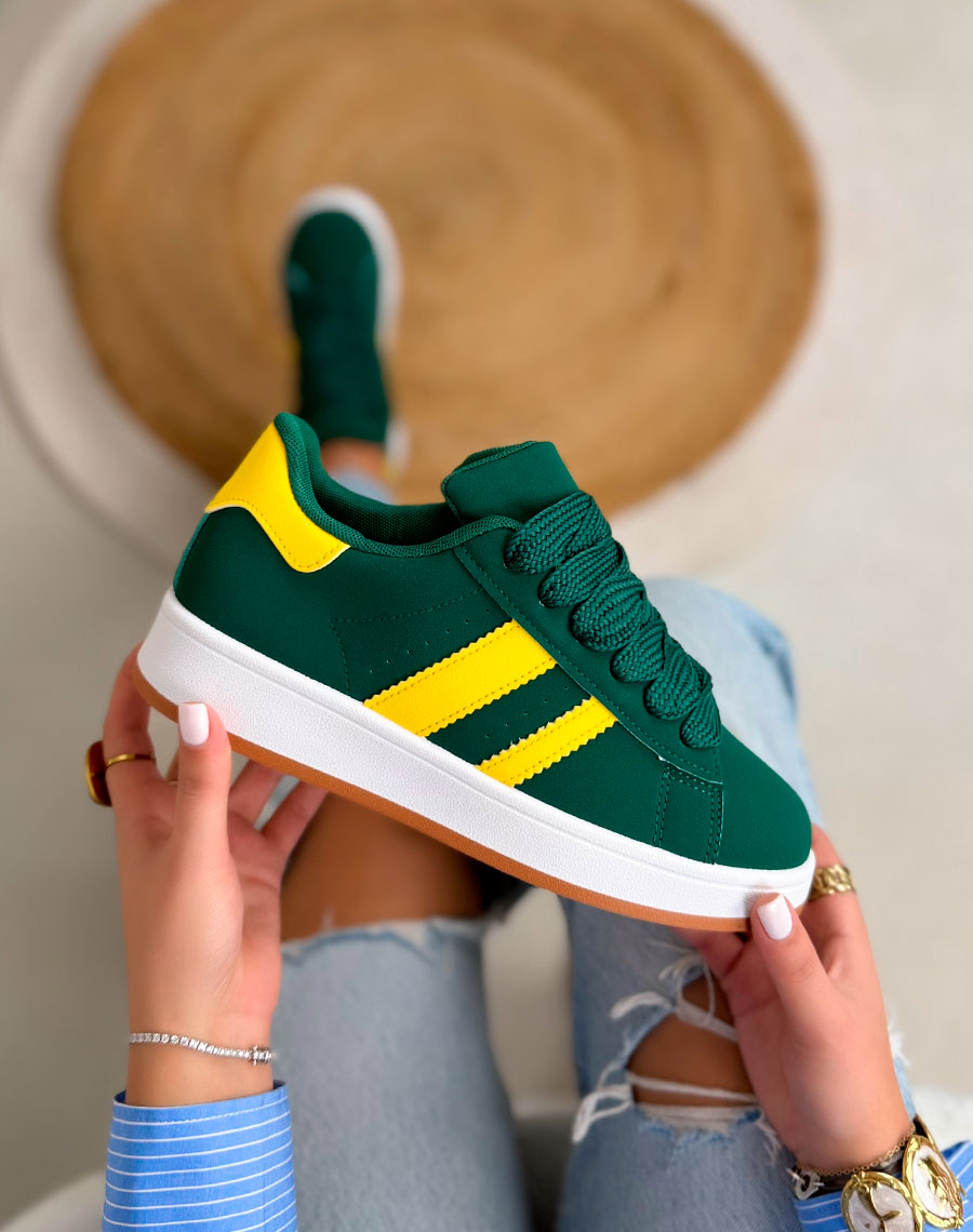 Basket femme verte tendance avec lacets et bandes jaunes