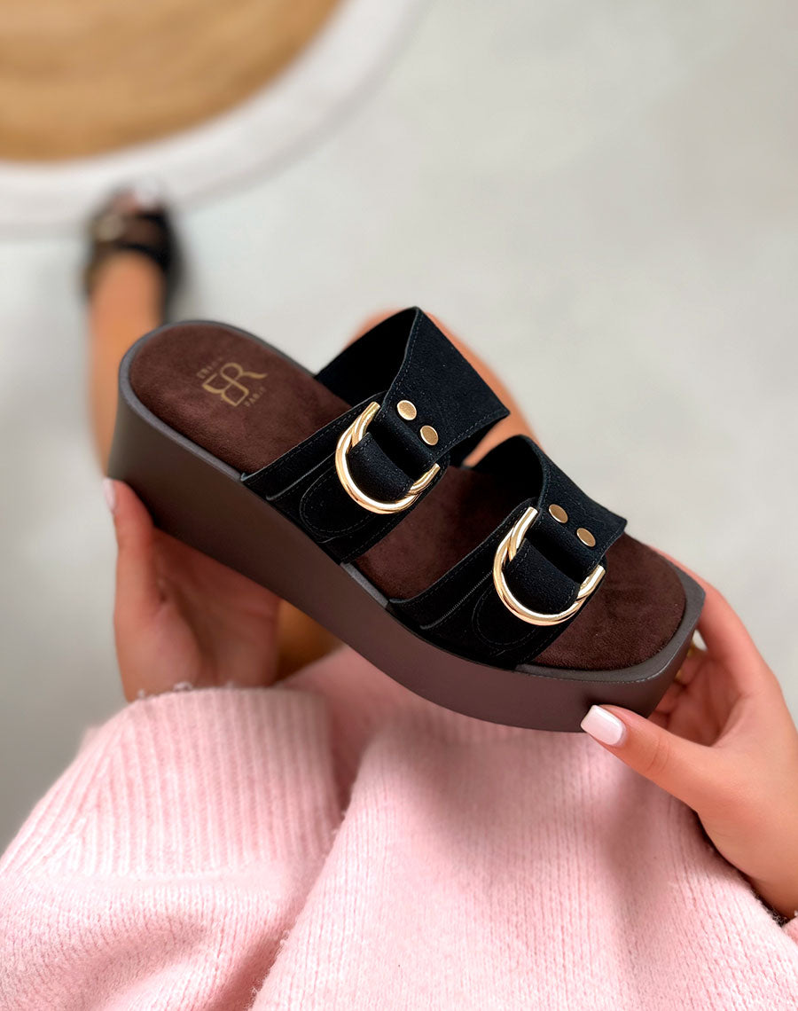 Mules noires à plateforme compensée et double brides en suédine