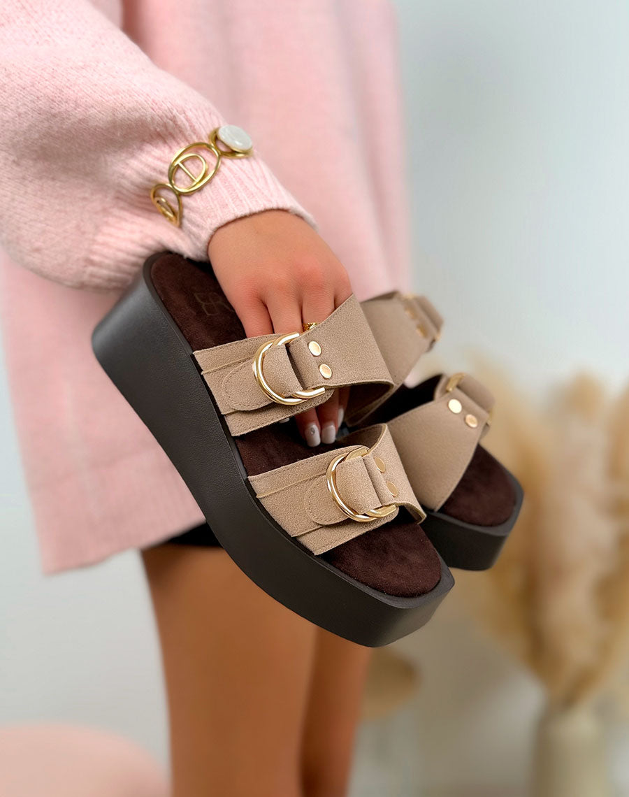 Mules taupe à plateforme compensée et double brides en suédine