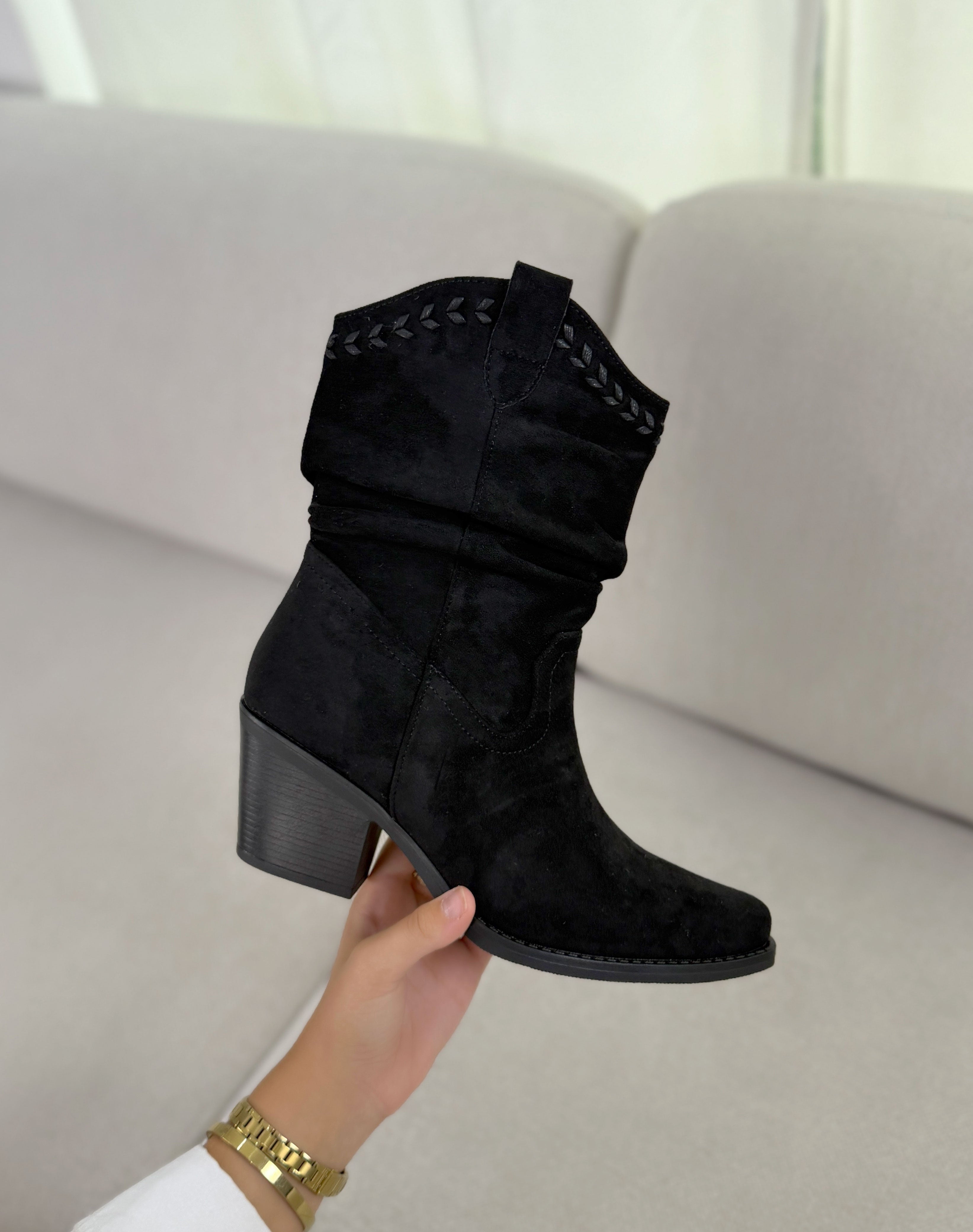 Bottines santiags femme noires tendance à effet tressé et talon épais biseauté