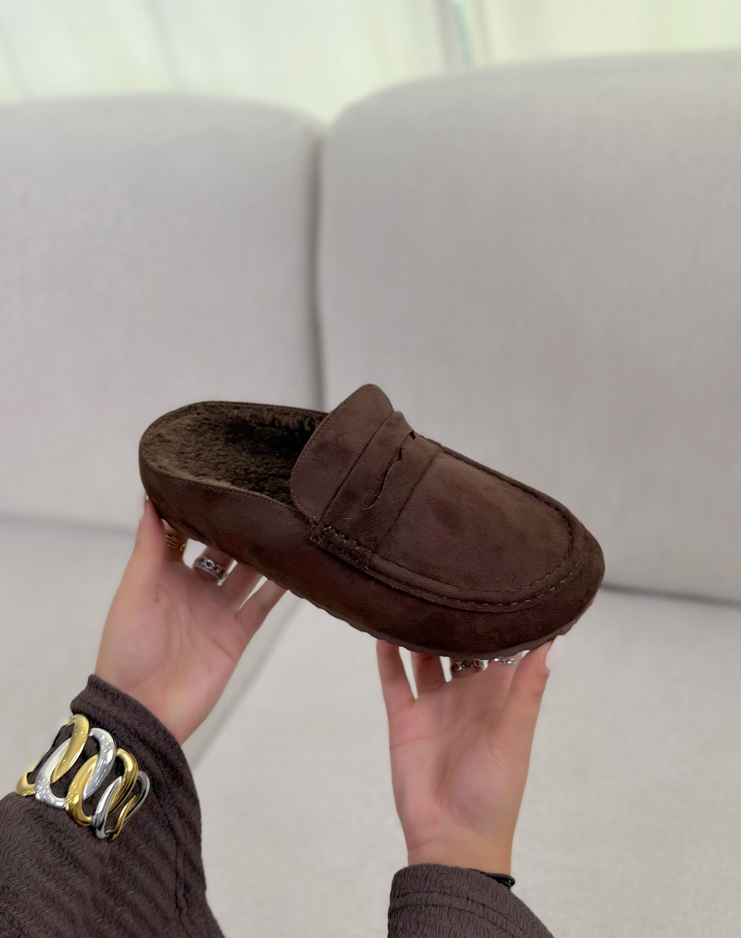 Mules femme marron en suédine fourrée confortables et chaleureuses