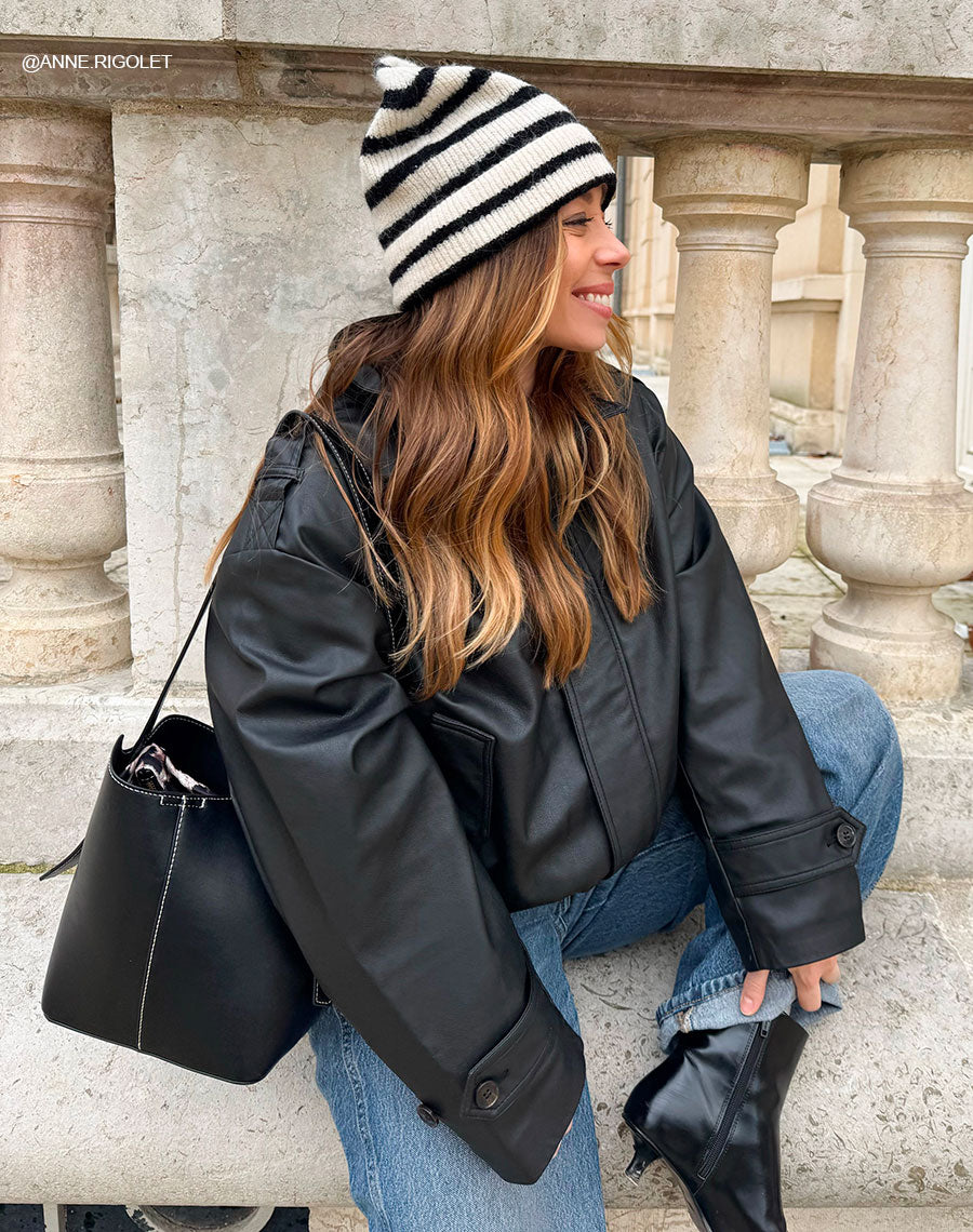 Sac seau noir avec pochette léopard intégrée