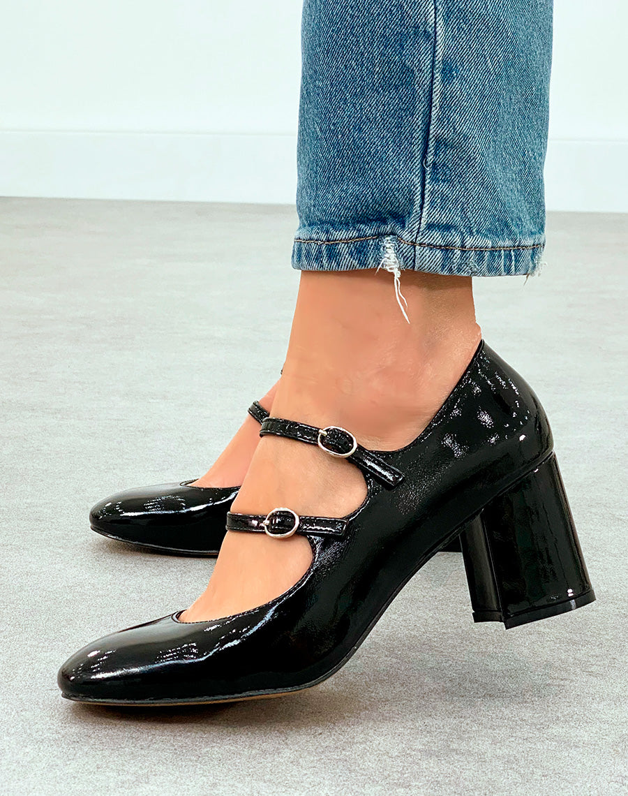 Babies Femme Noires Vernies à Talon Moyen - Double Brides et Éclat Argenté
