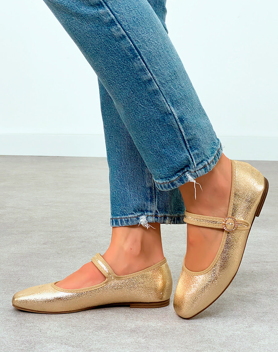 Ballerine femme dorée éclatante avec détail rond de strass doré