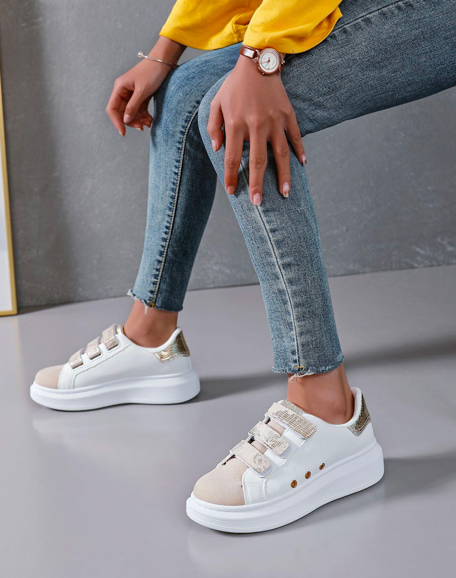 Basket blanche bi-matière à scratchs dorée