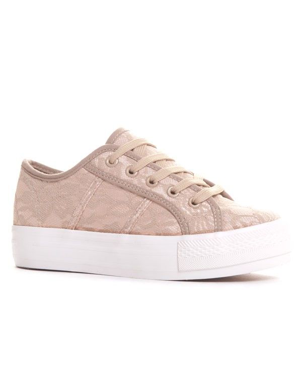 Basket en dentelle avec large semelle beige
