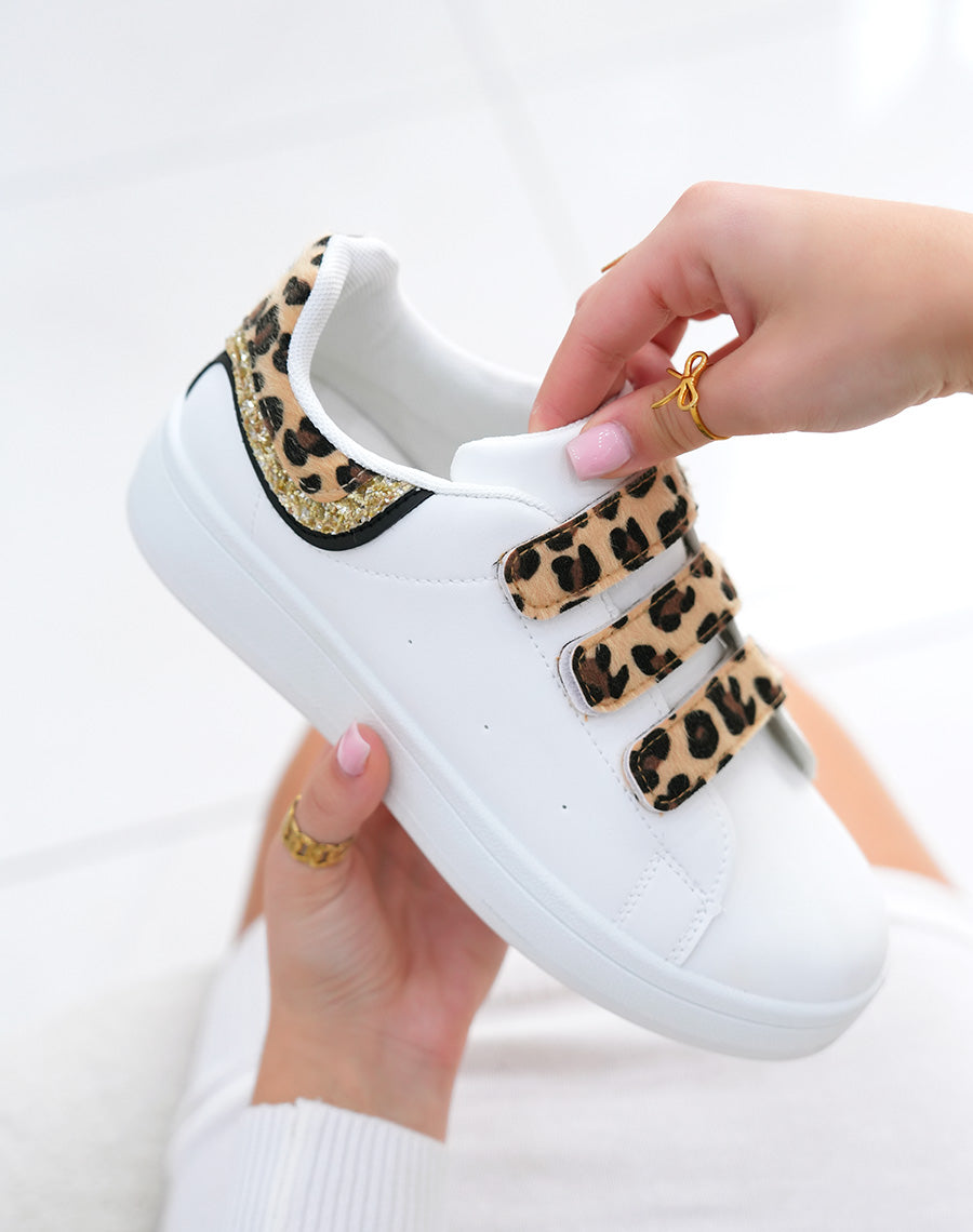 Basket femme blanche avec scratch léopard et empiècement arrière léopa