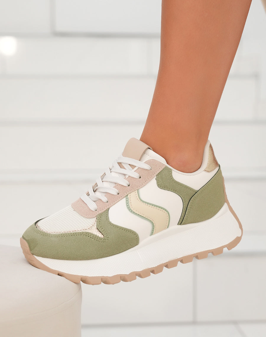 Basket femme à semelle épaisse avec empiècements verts taupe et dorés