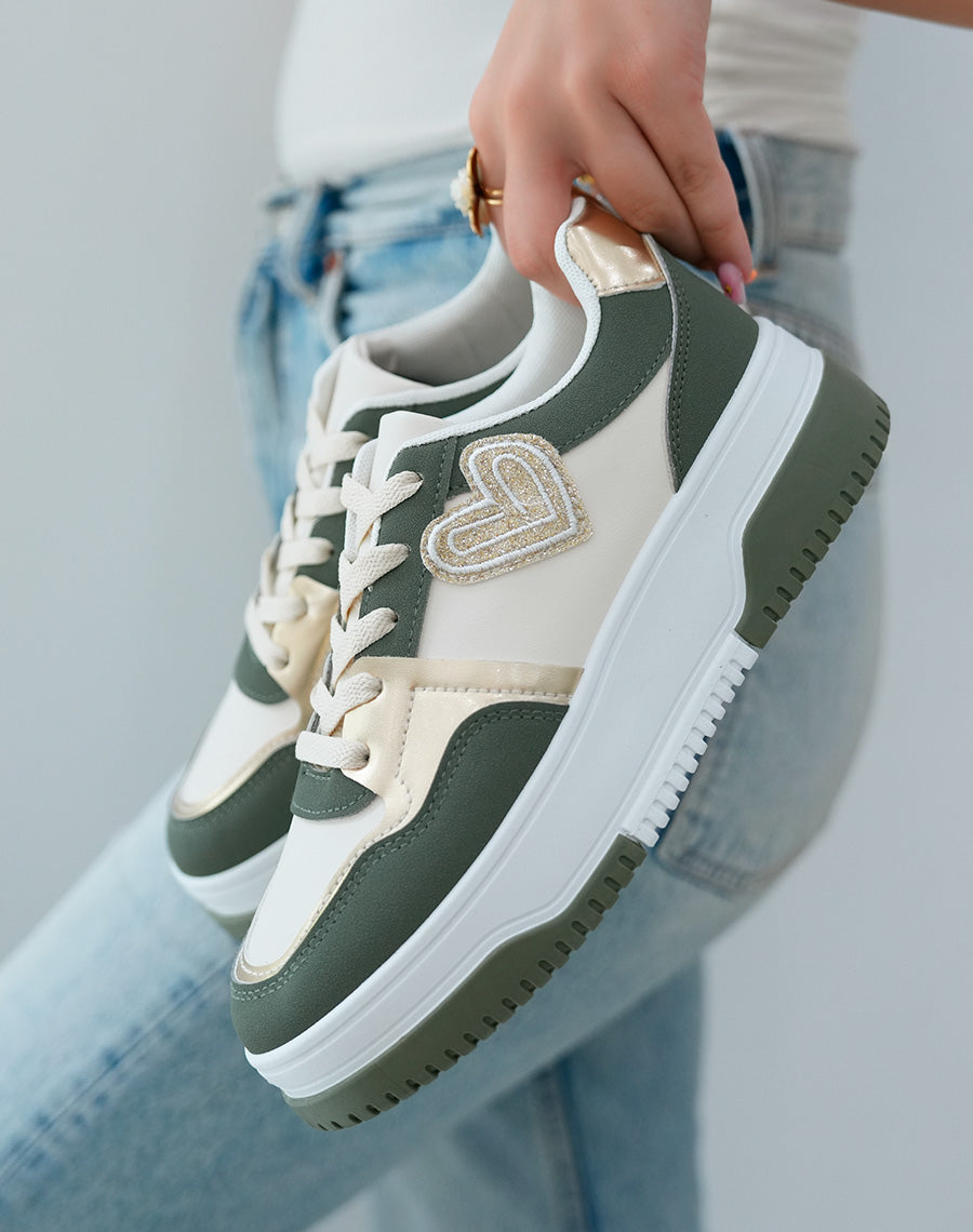 Baskets Basses Femme Vertes avec C?ur Dor? Paillet?